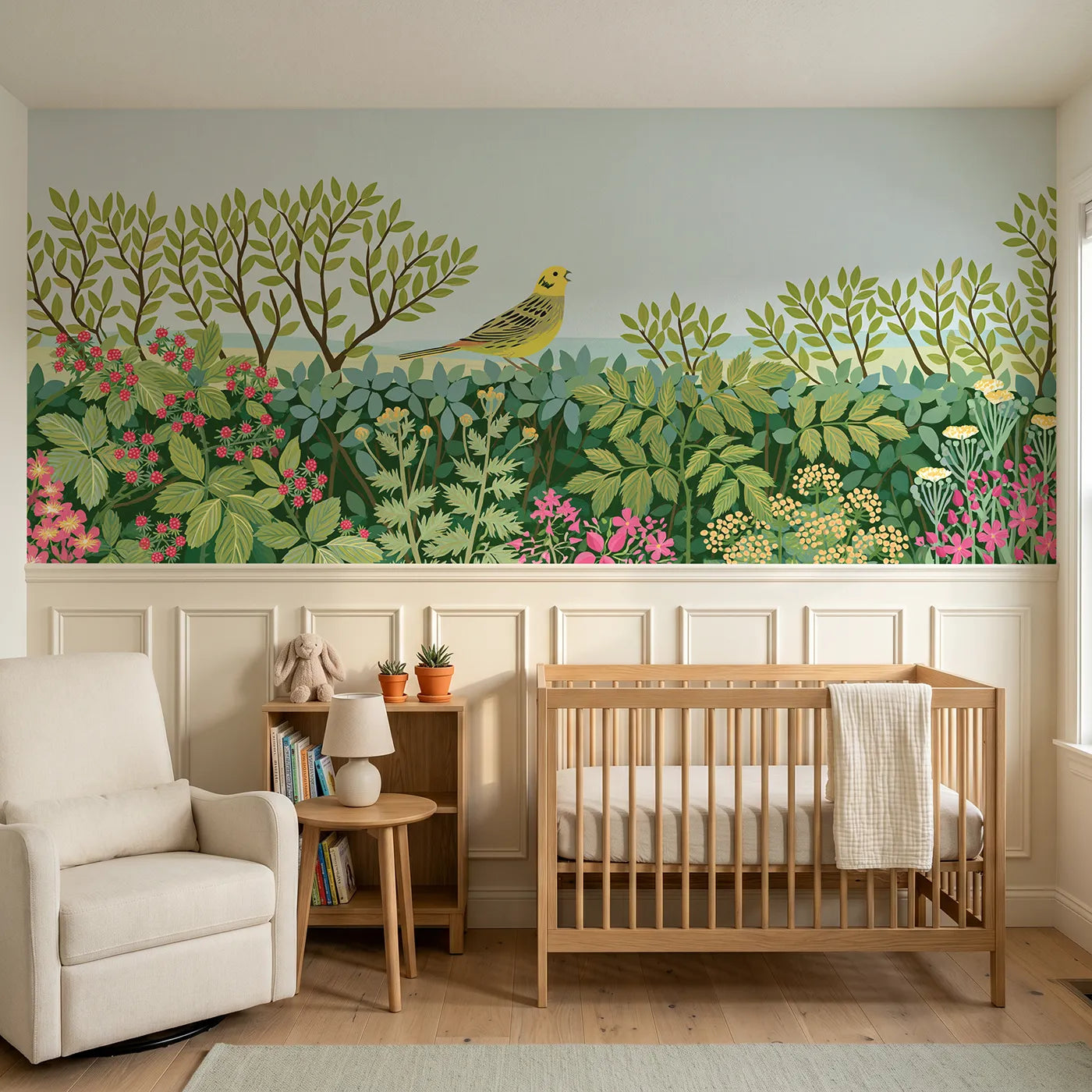 Modern illustration wainscoting wallpaper of a yellowhammer on the hedge by Whimsy Tots