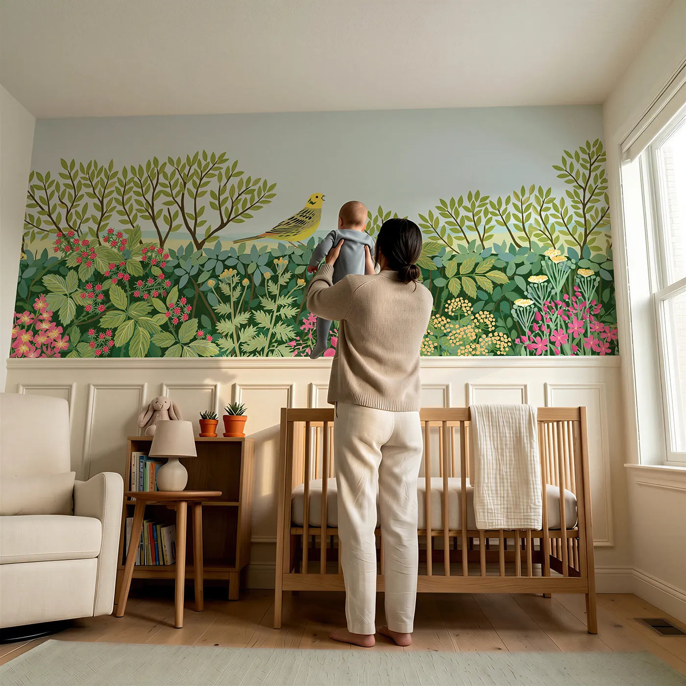 Child reading near Yellowhammer On The Hedge Wainscoting Wallpaper by Whimsy Tots