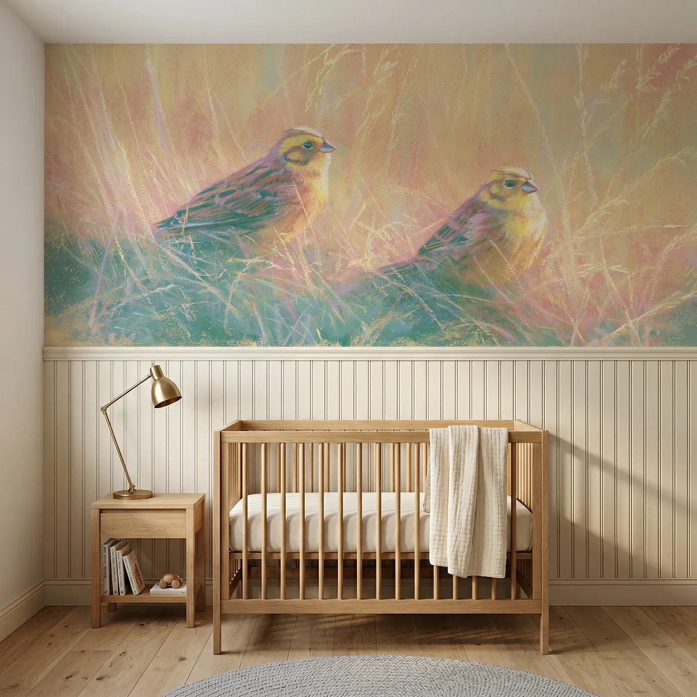 Soft pastel wainscoting wallpaper of two yellowhammers in the lane by Whimsy Tots