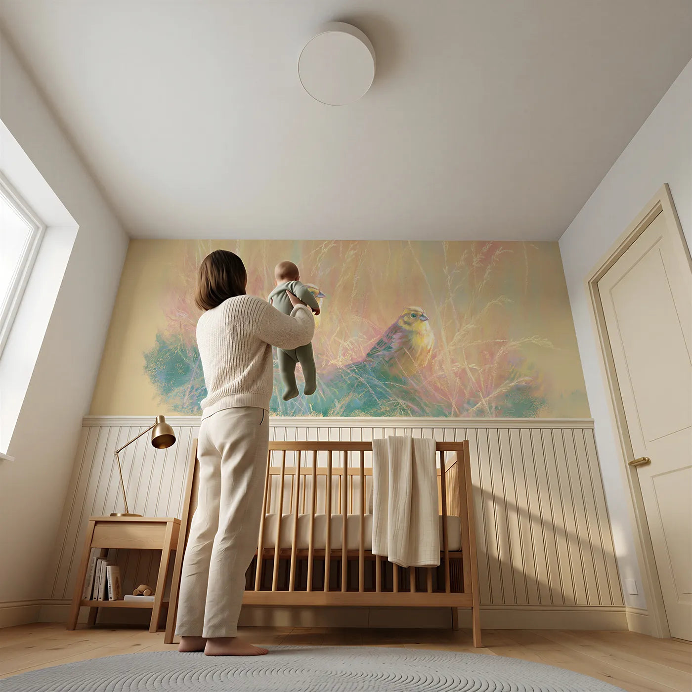 Child reading near Two Yellowhammers In The Lane Wainscoting Wallpaper by Whimsy Tots