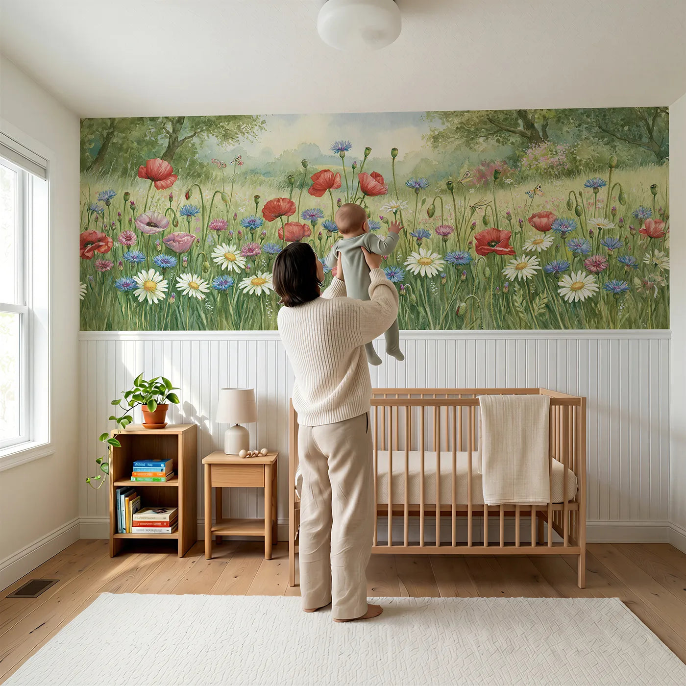 Child reading near Red White And Blue Wainscoting Wallpaper by Whimsy Tots