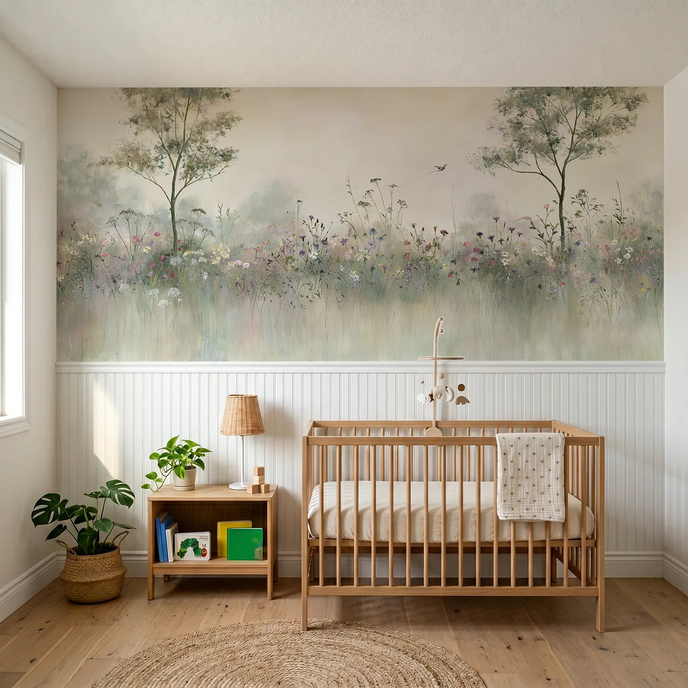 Watercolor wainscoting wallpaper of all the meadow flowers by Whimsy Tots