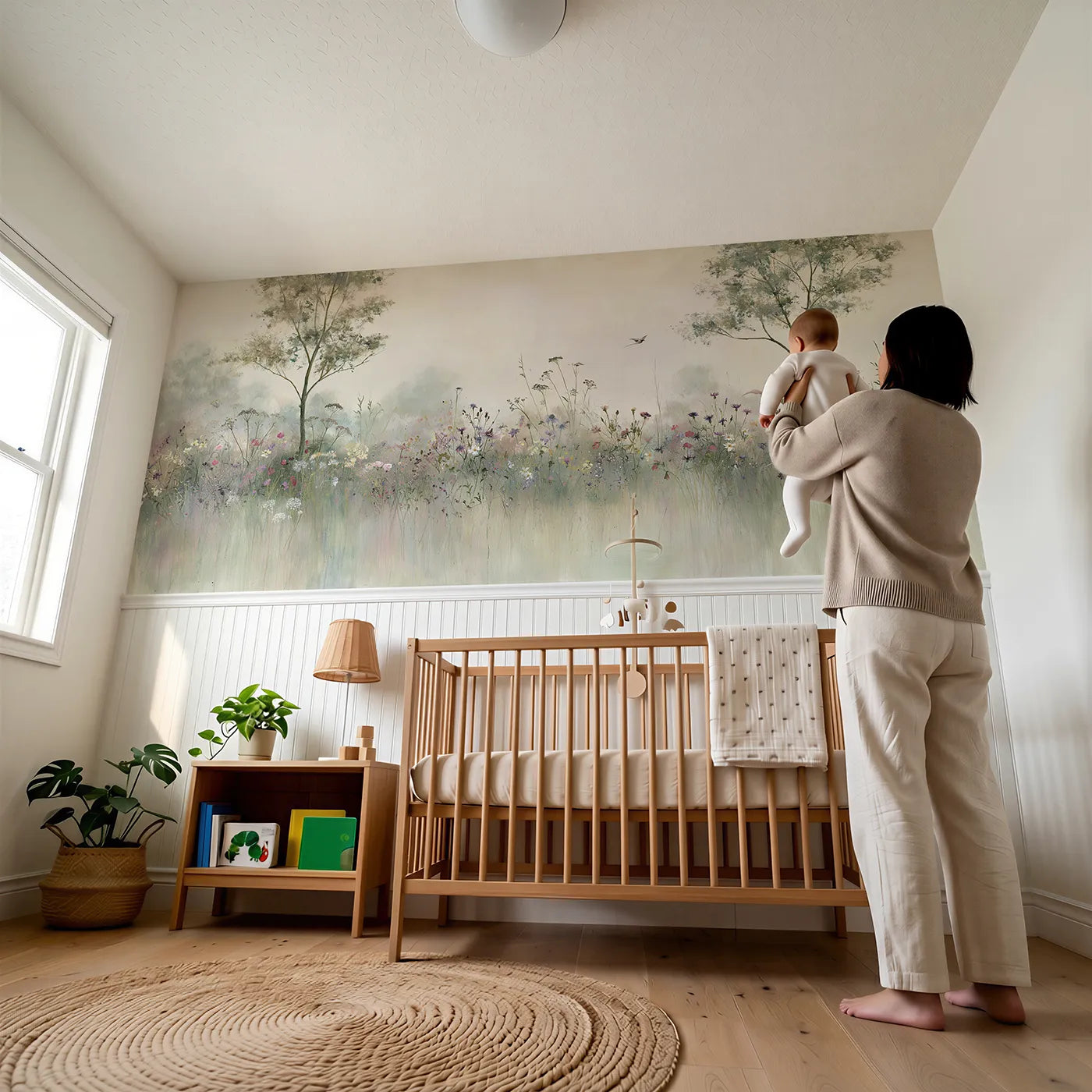 Child reading near All The Meadow Flowers Wainscoting Wallpaper by Whimsy Tots
