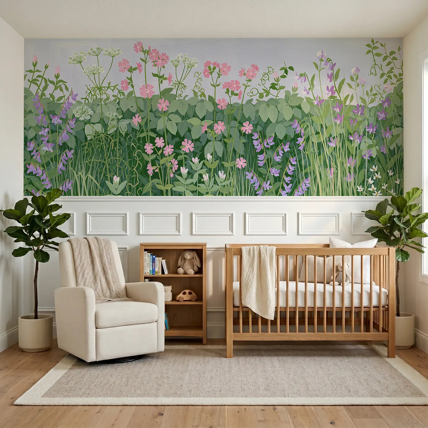 Modern illustration wainscoting wallpaper of hedgerow flowers together by Whimsy Tots