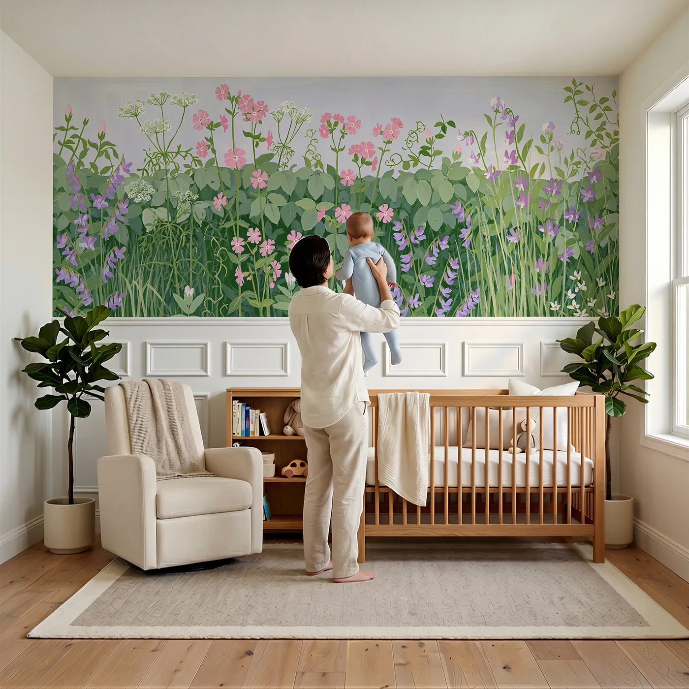 Child reading near Hedgerow Flowers Together Wainscoting Wallpaper by Whimsy Tots