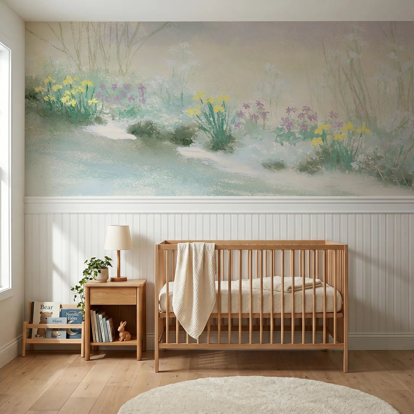 Soft pastel wainscoting wallpaper of the brook flowers by Whimsy Tots