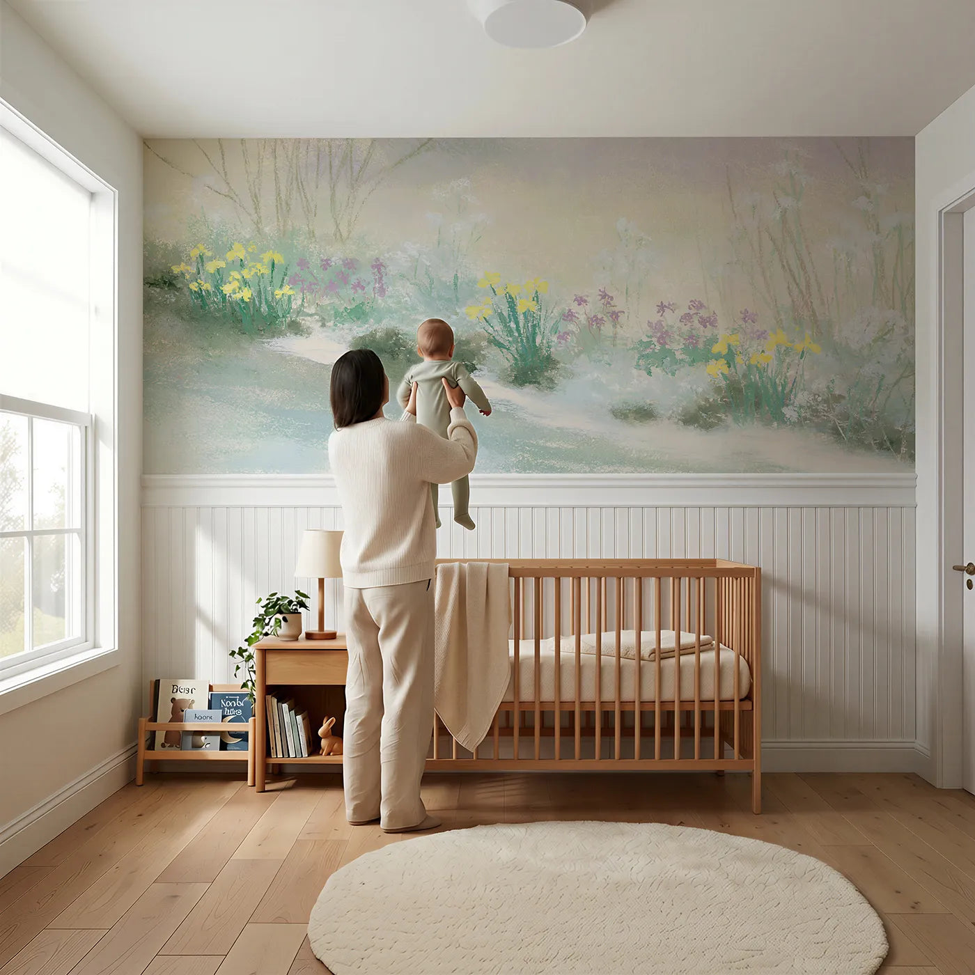 Child reading near The Brook Flowers Wainscoting Wallpaper by Whimsy Tots