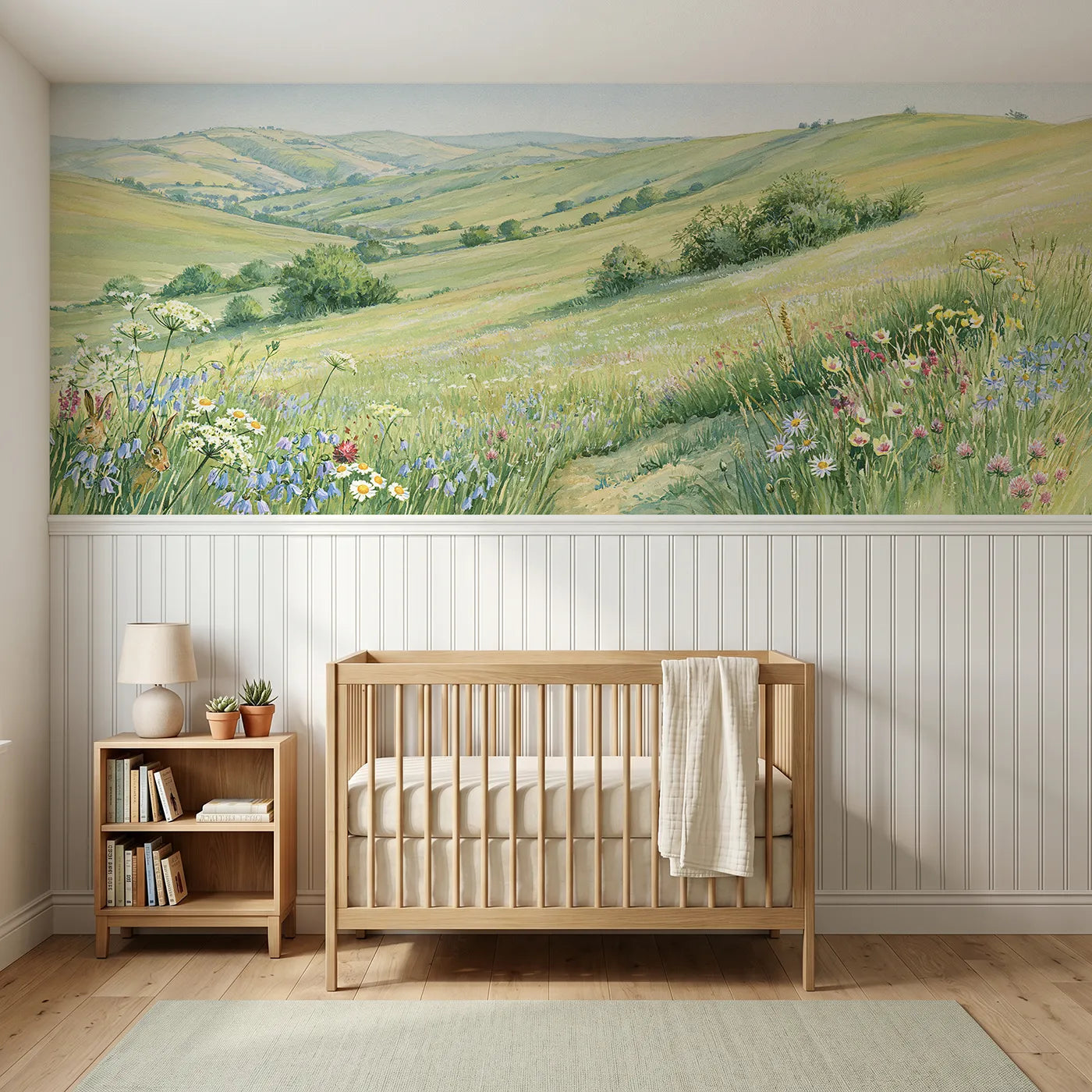 Storybook wainscoting mural of the long green curve by Whimsy Tots
