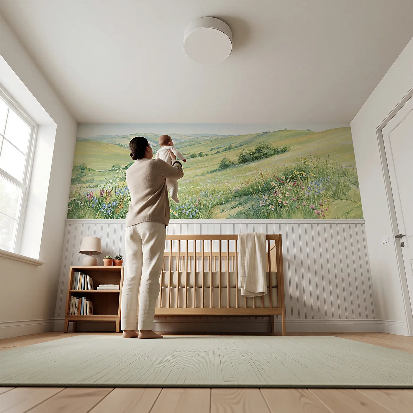 Child reading near The Long Green Curve Wainscoting Wallpaper by Whimsy Tots