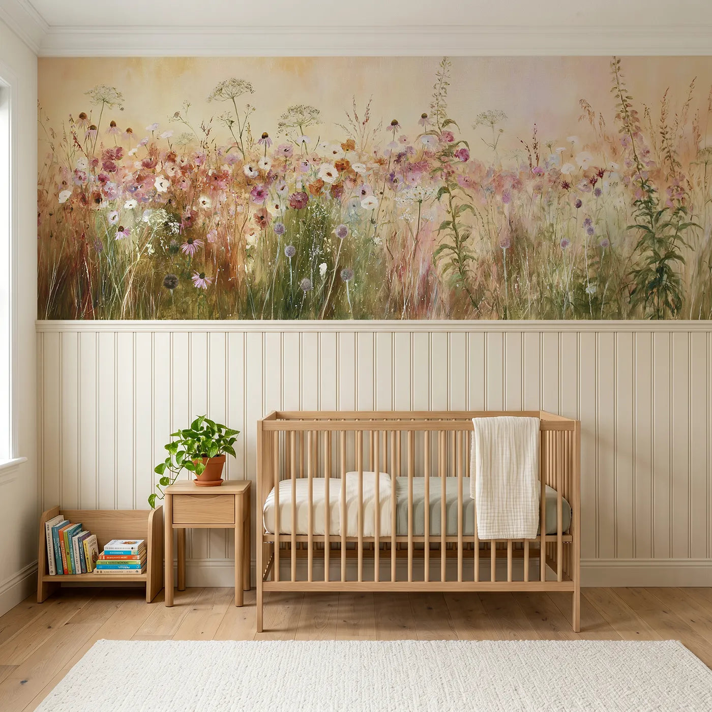 Watercolor wainscoting wallpaper of the bank in full color by Whimsy Tots