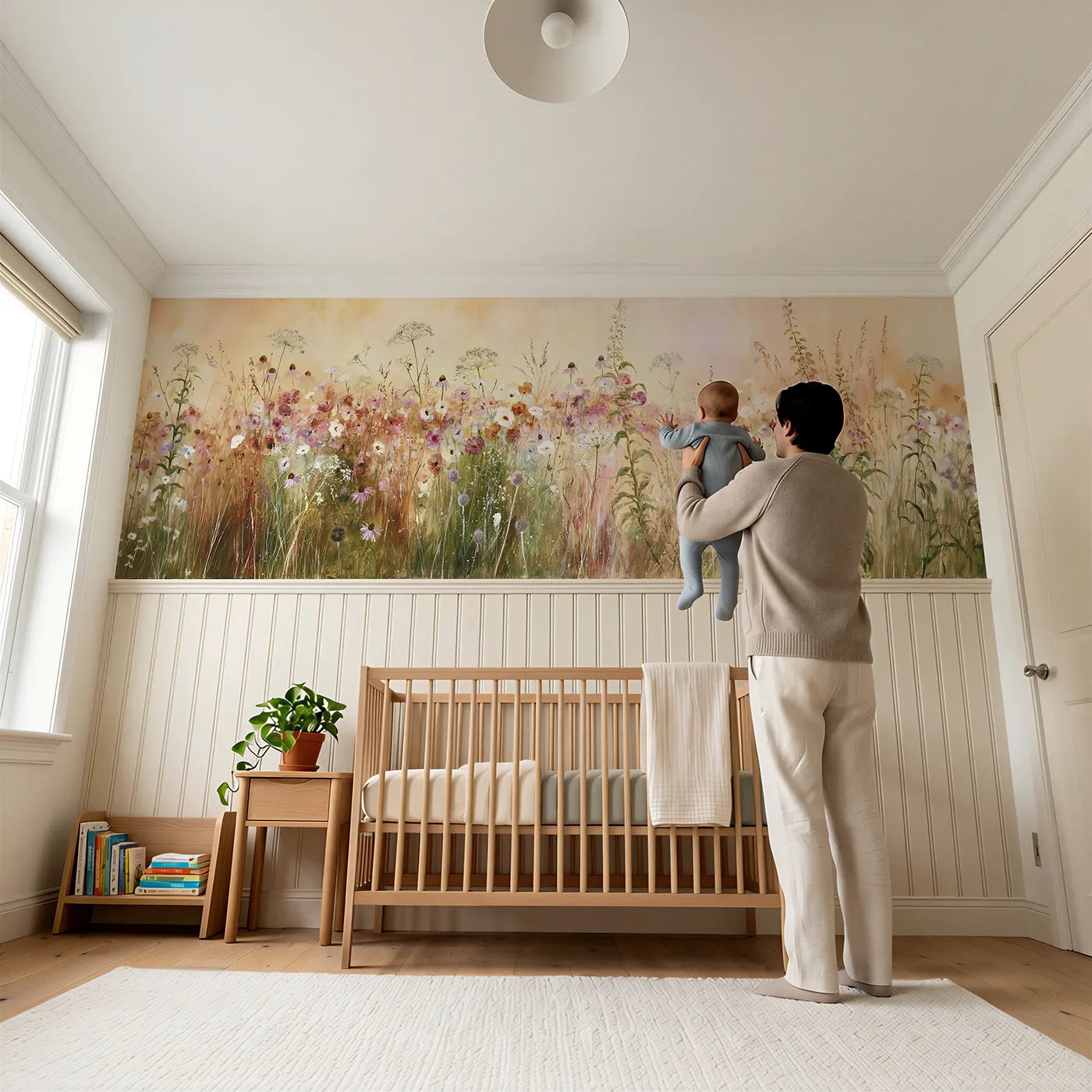 Child reading near The Bank In Full Colour Wainscoting Wallpaper by Whimsy Tots