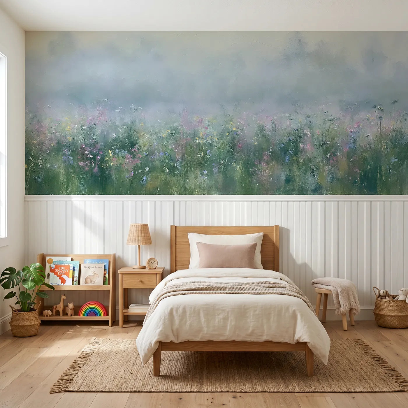 Watercolor wainscoting mural of the long meadow in mist by Whimsy Tots