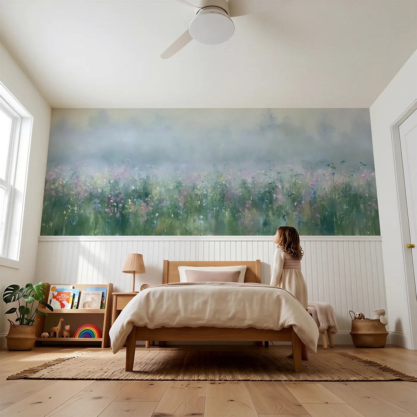Child reading near The Long Meadow In Mist Wainscoting Wallpaper by Whimsy Tots