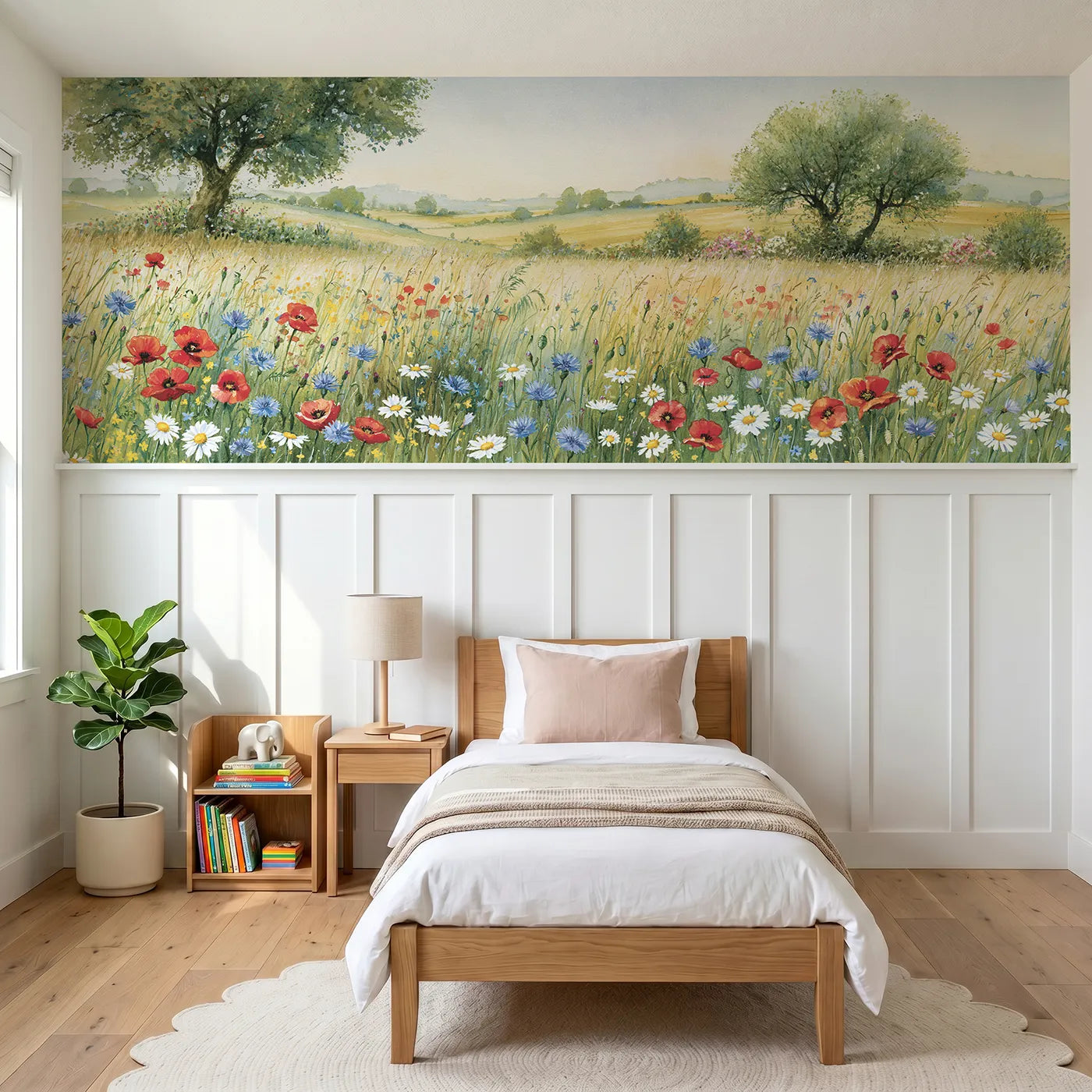 Storybook wainscoting wallpaper of the waist high hay meadow by Whimsy Tots