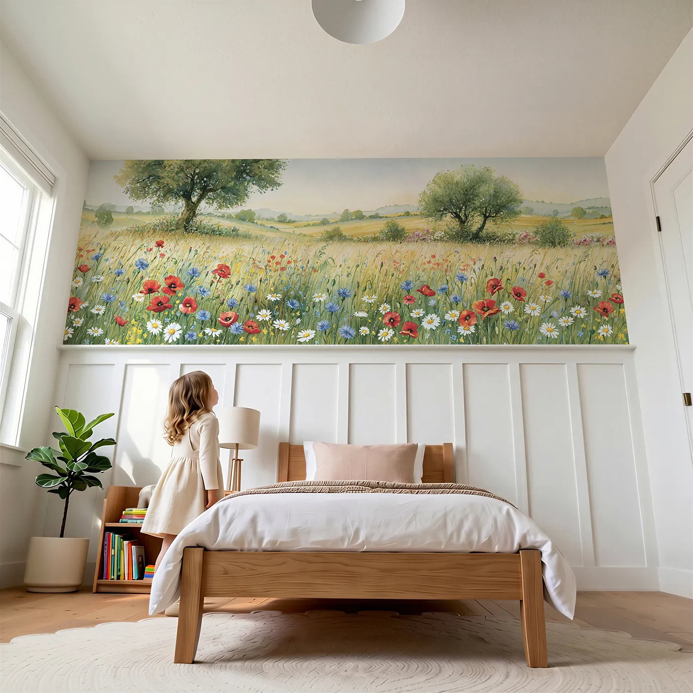 Child reading near Waist High Hay Meadow Wainscoting Wallpaper by Whimsy Tots