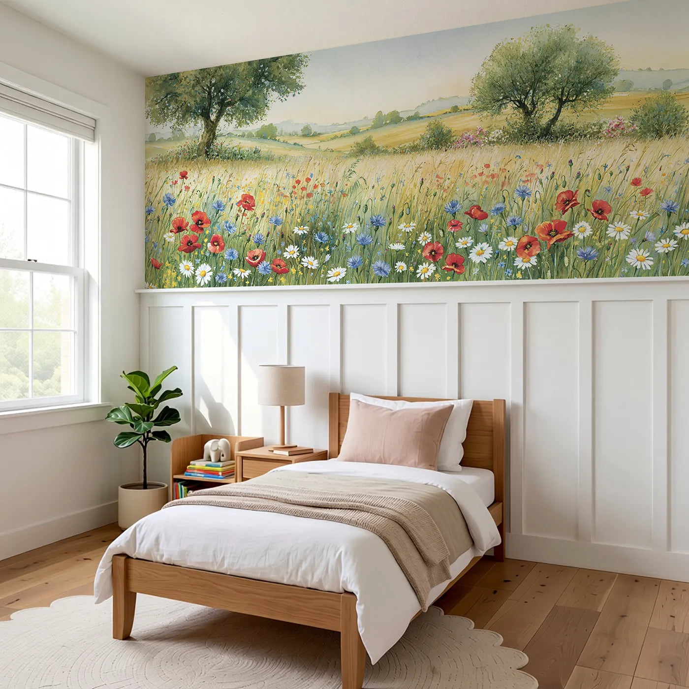 Waist High Hay Meadow Wainscoting Wallpaper styled in a kids room by Whimsy Tots