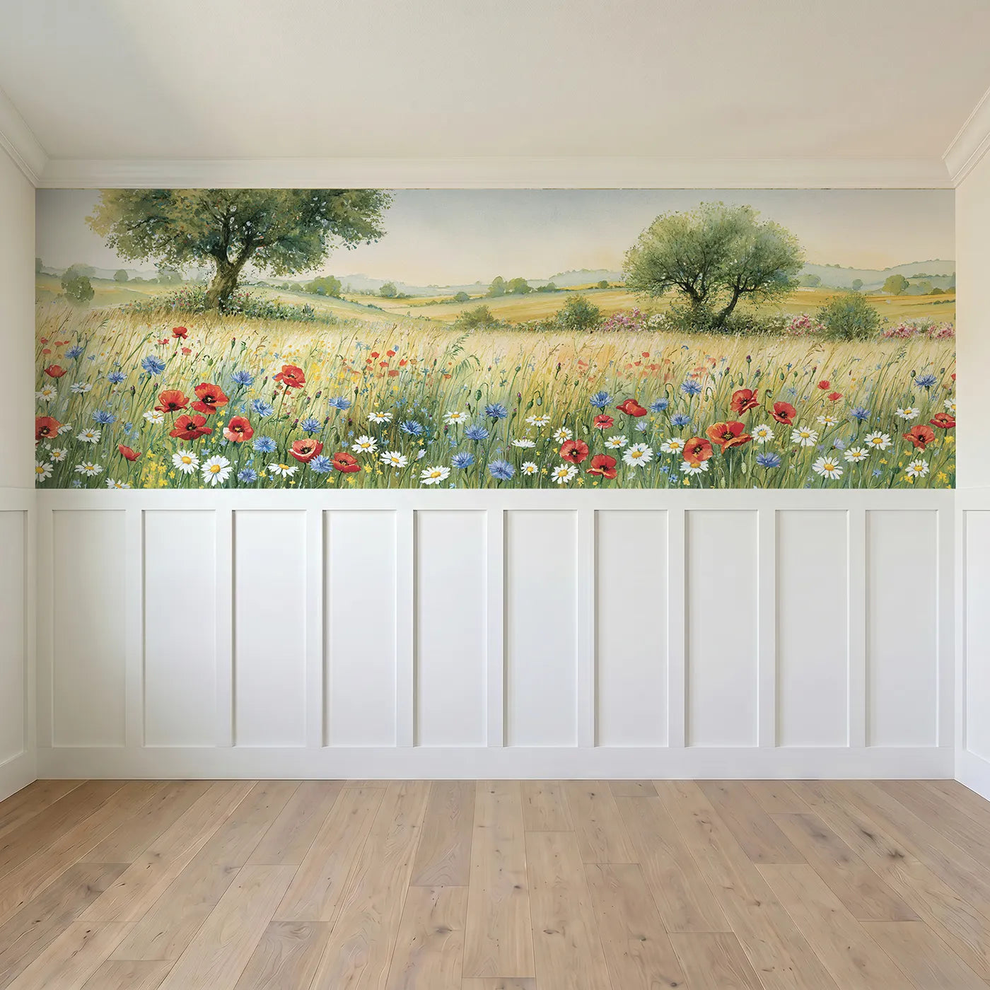 Full panel view of Waist High Hay Meadow Wainscoting Wallpaper by Whimsy Tots