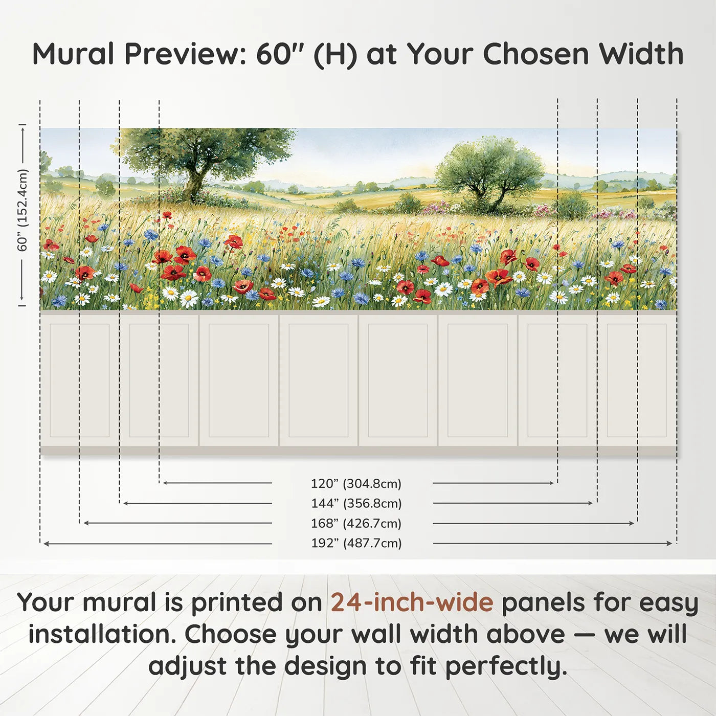 Panel dimensions for Waist High Hay Meadow Wainscoting Wallpaper by Whimsy Tots