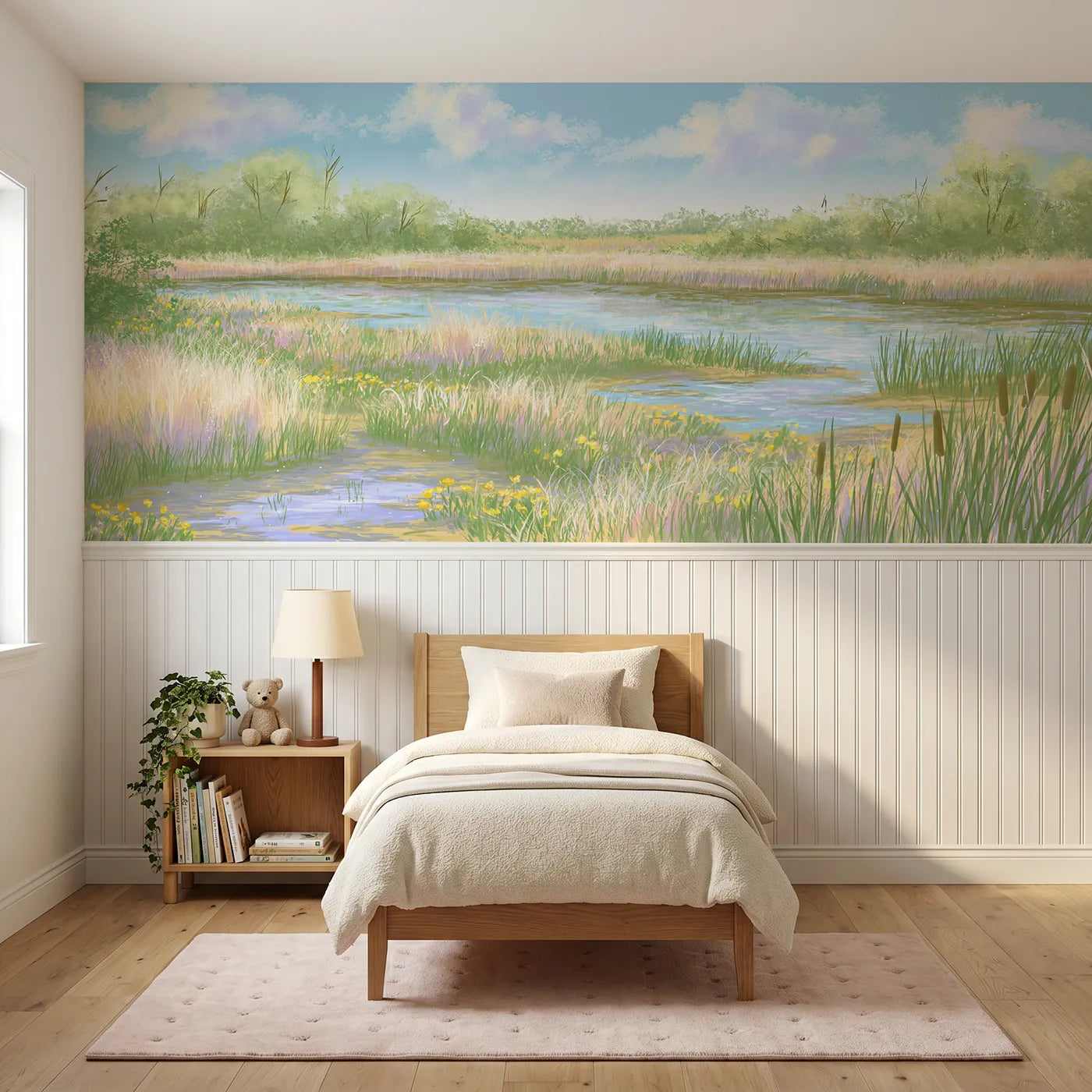 Colored pencil wainscoting wallpaper of the water meadow after rain by Whimsy Tots