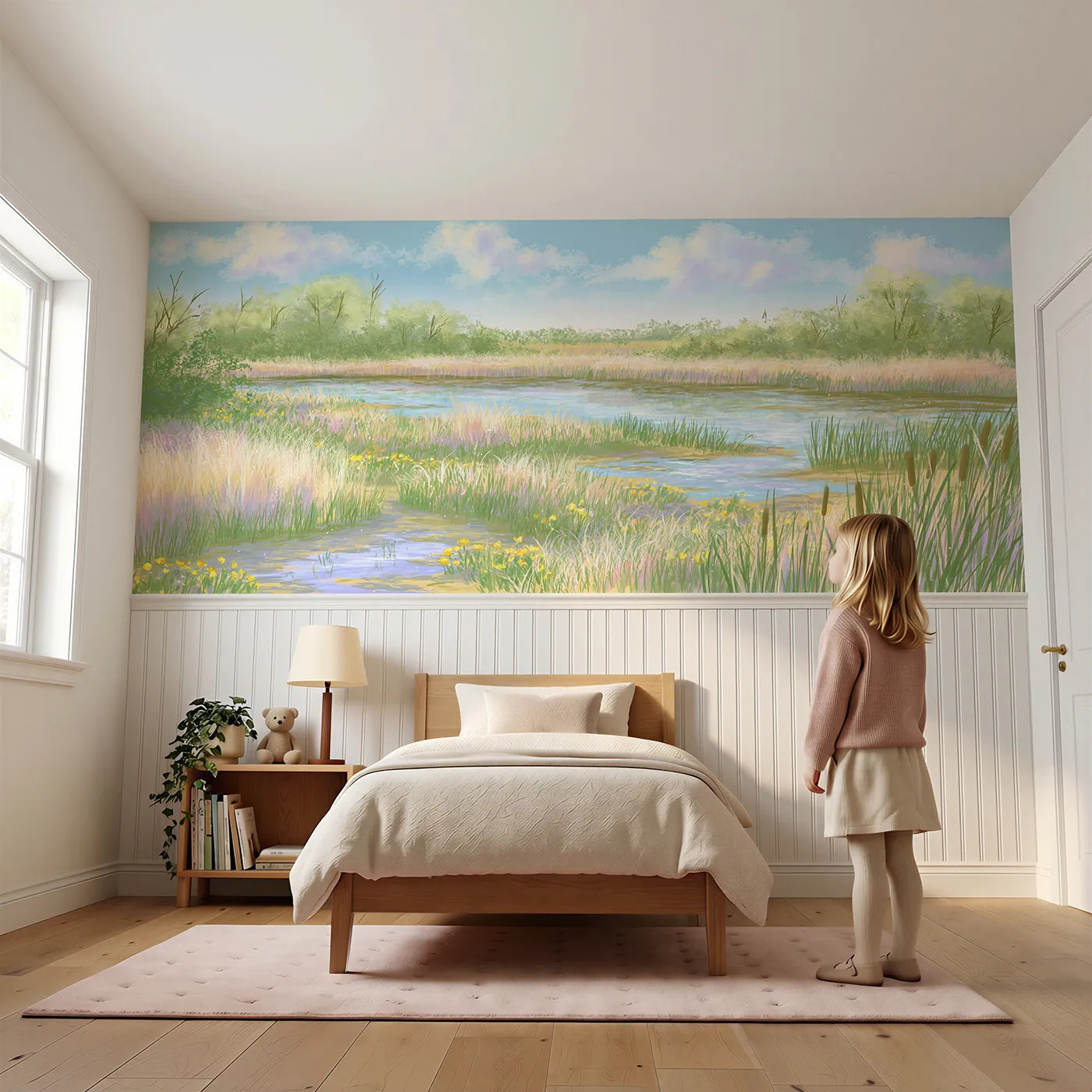 Child reading near Water Meadow After Rain Wainscoting Wallpaper by Whimsy Tots