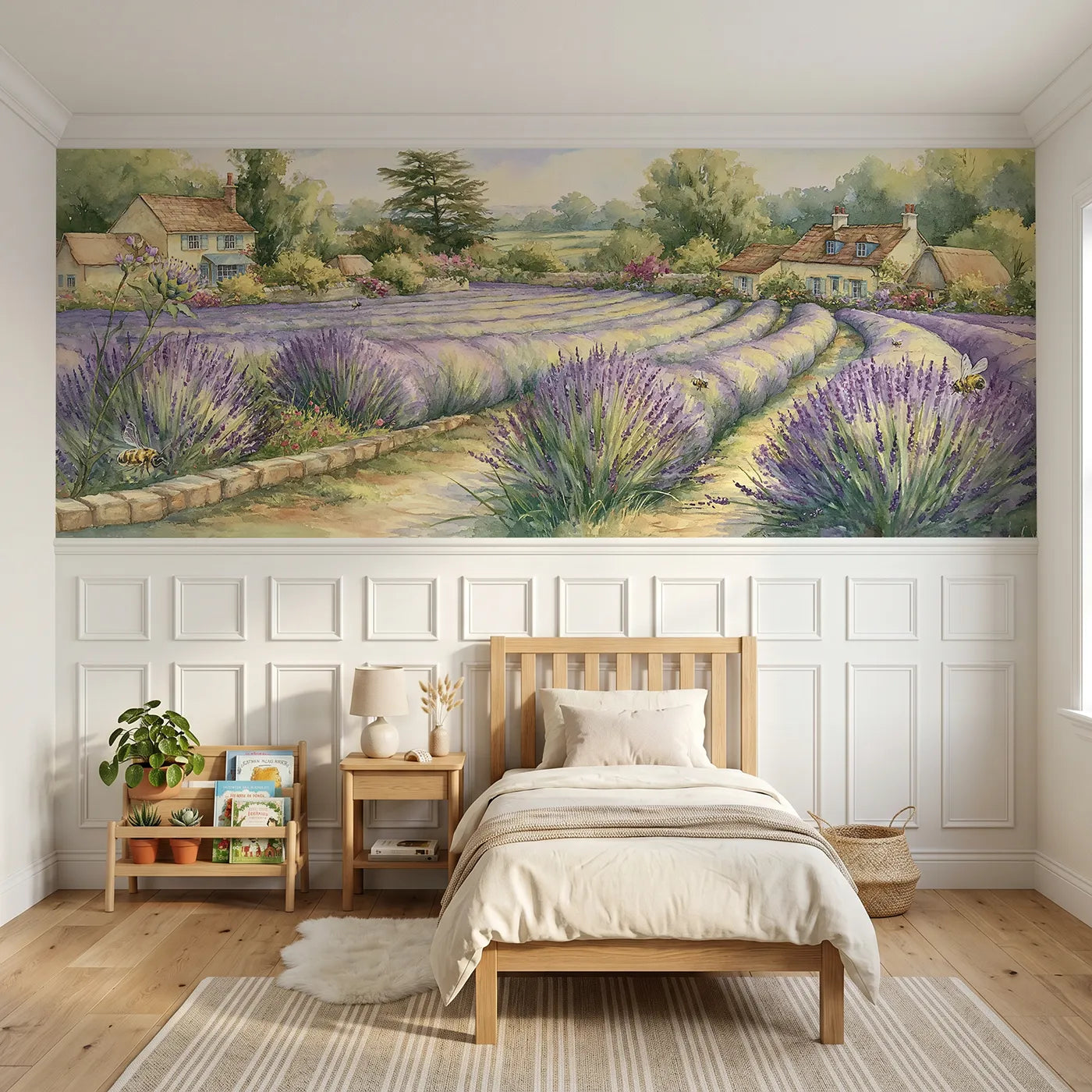 Storybook wainscoting wallpaper of lavender rows in bloom by Whimsy Tots