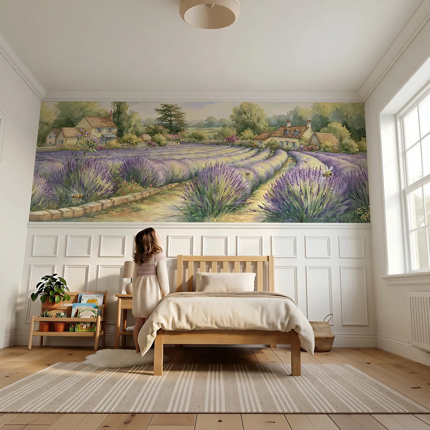 Child reading near Lavender Rows In Bloom Wainscoting Wallpaper by Whimsy Tots