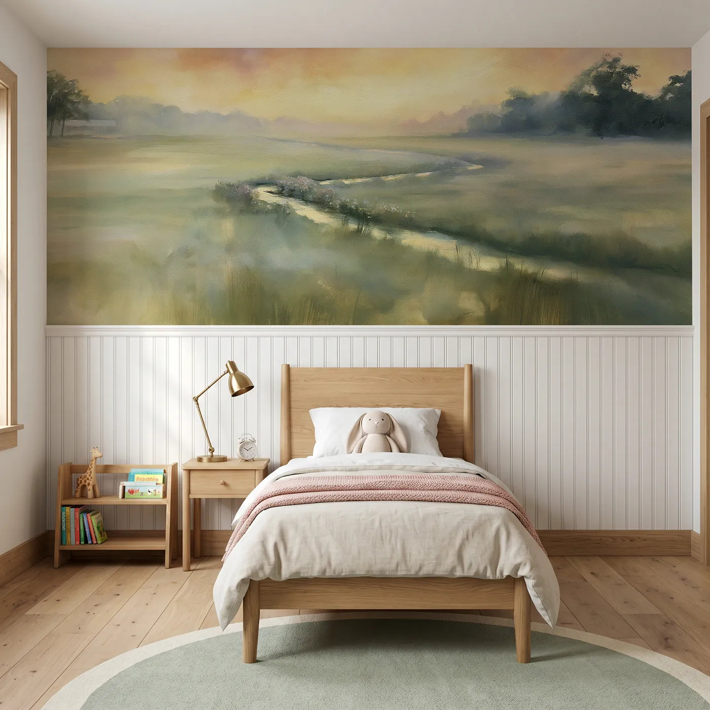 Watercolor wainscoting wallpaper of the winding brook by Whimsy Tots