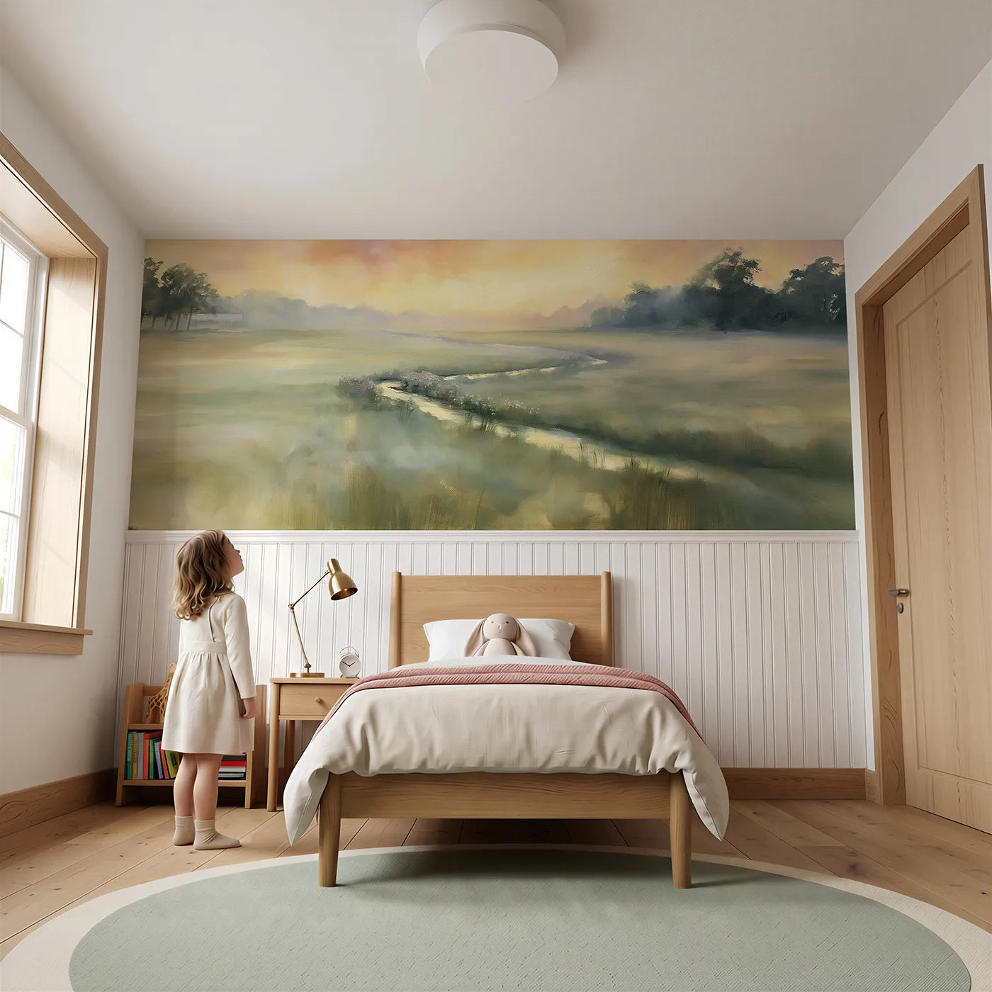 Child reading near The Winding Brook Wainscoting Wallpaper by Whimsy Tots