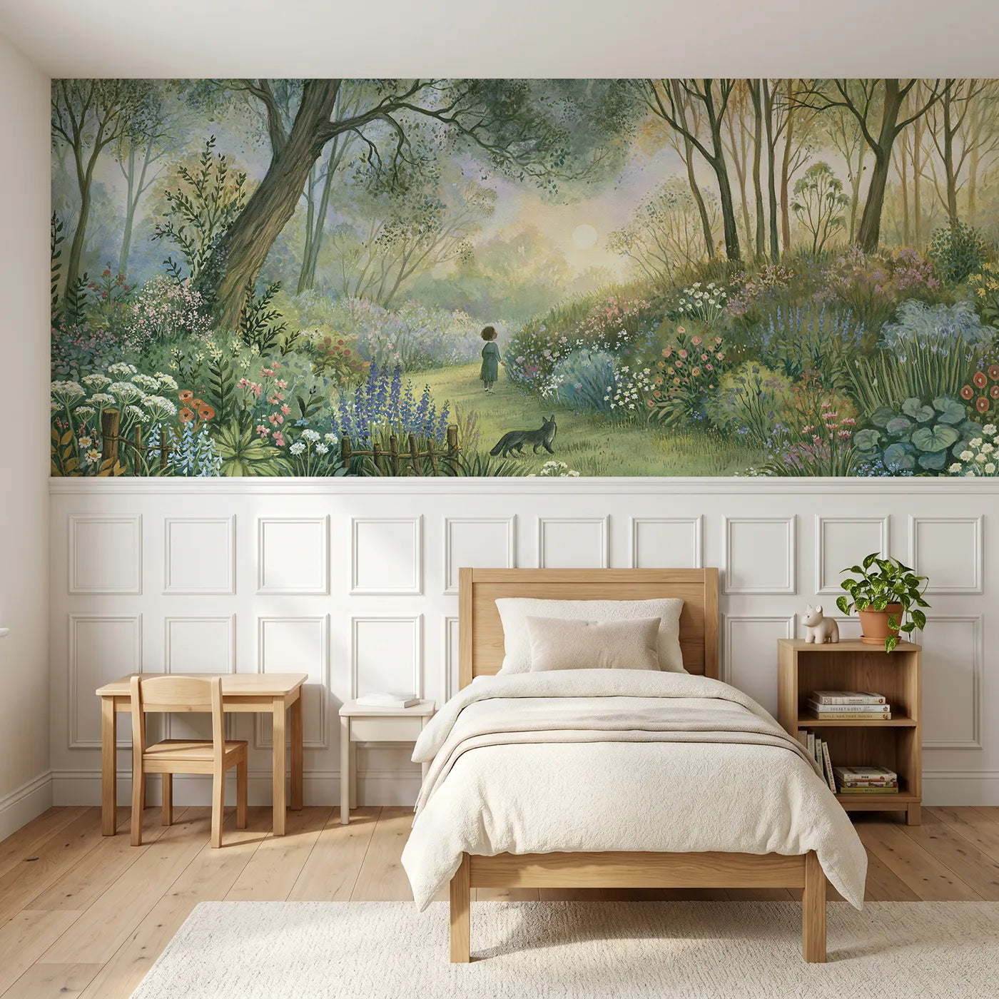 Storybook wainscoting wallpaper of the lane between high banks by Whimsy Tots