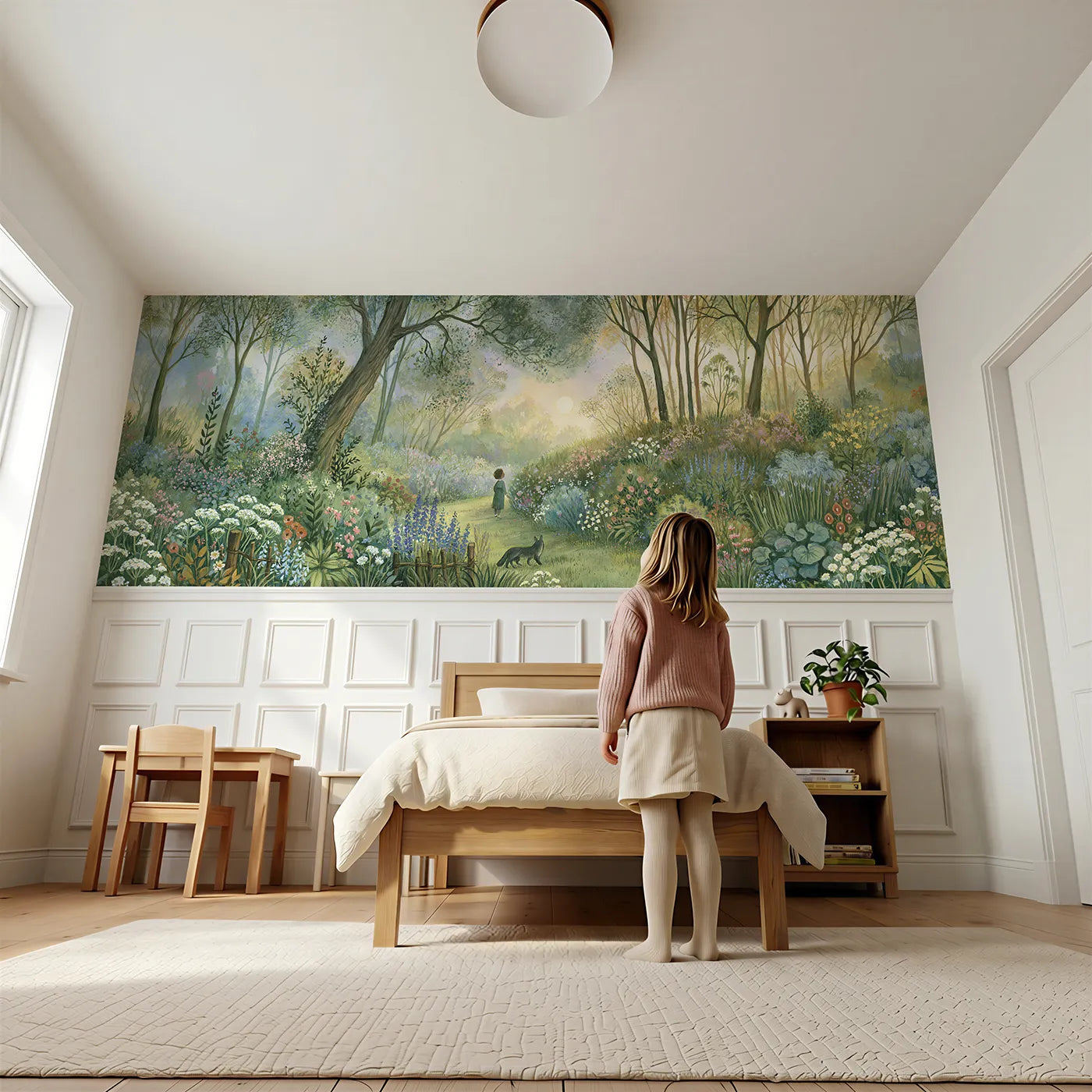 Child reading near The Lane Between High Banks Wainscoting Wallpaper by Whimsy Tots