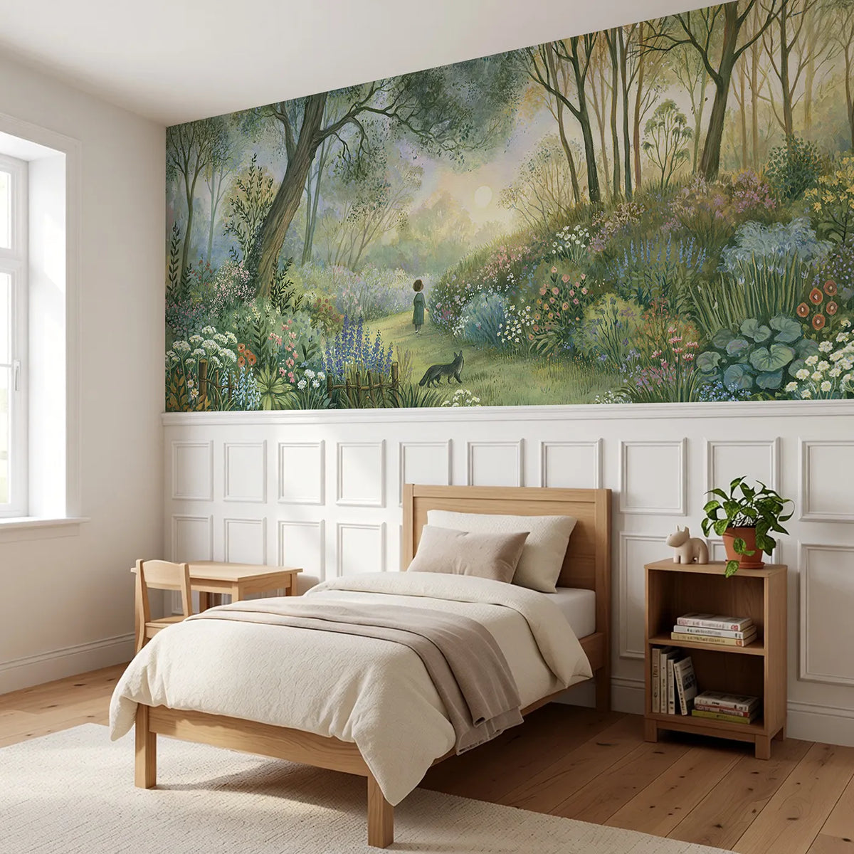 The Lane Between High Banks Wainscoting Wallpaper styled in a kids room by Whimsy Tots