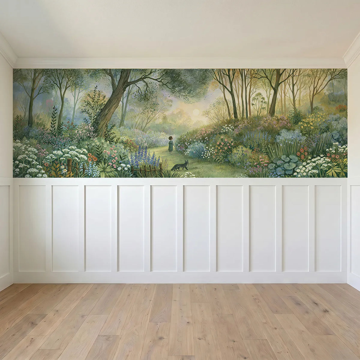 Full panel view of The Lane Between High Banks Wainscoting Wallpaper by Whimsy Tots