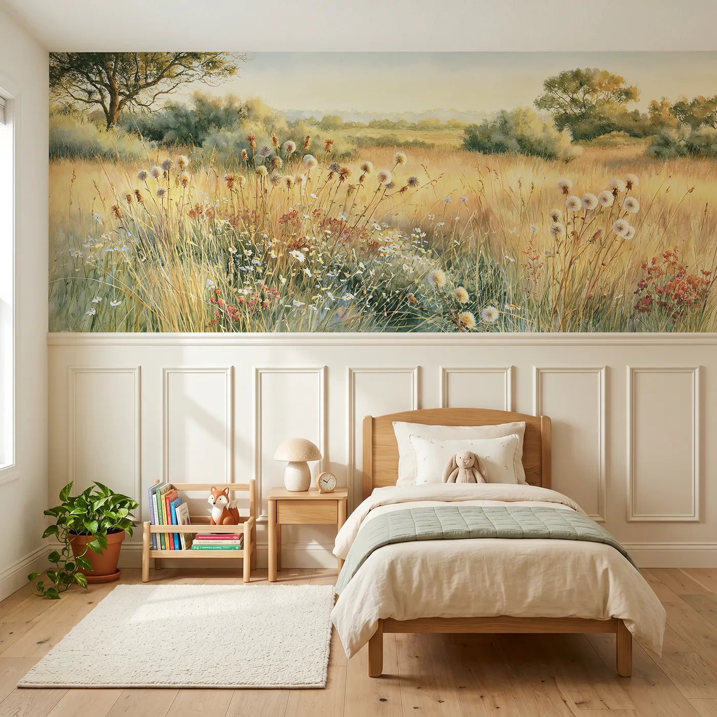 Storybook wainscoting wallpaper of low gold across the grass by Whimsy Tots
