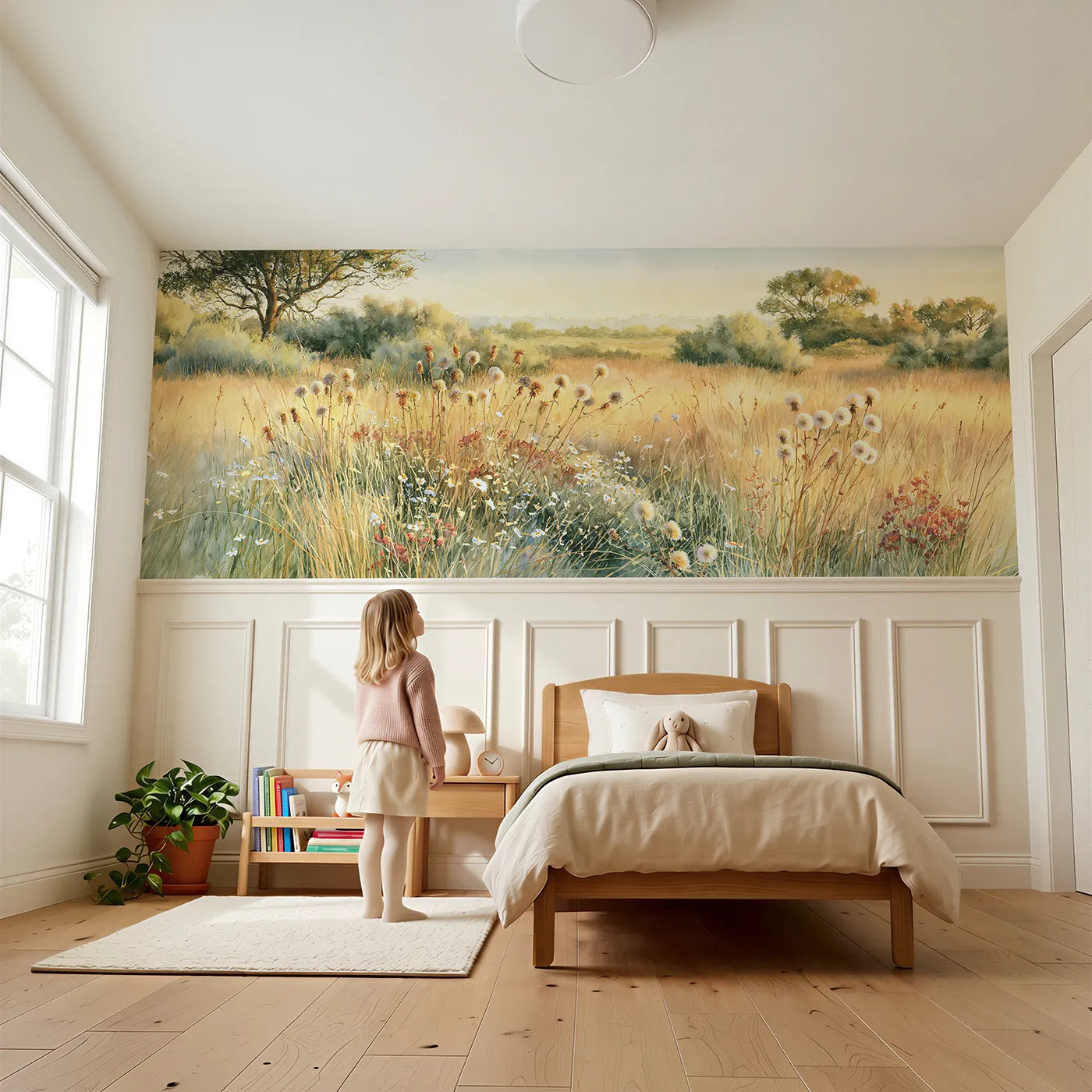 Child reading near Low Gold Across The Grass Wainscoting Wallpaper by Whimsy Tots