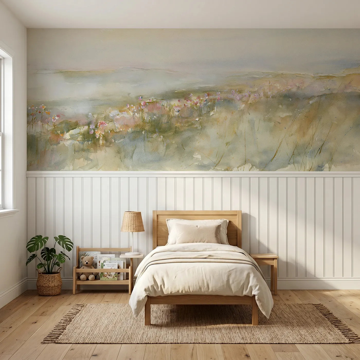 Watercolor wainscoting wallpaper of mist lifting off the meadow by Whimsy Tots