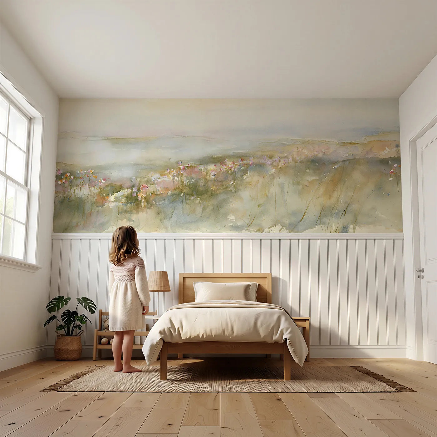 Child reading near Mist Lifting Off The Meadow Wainscoting Wallpaper by Whimsy Tots