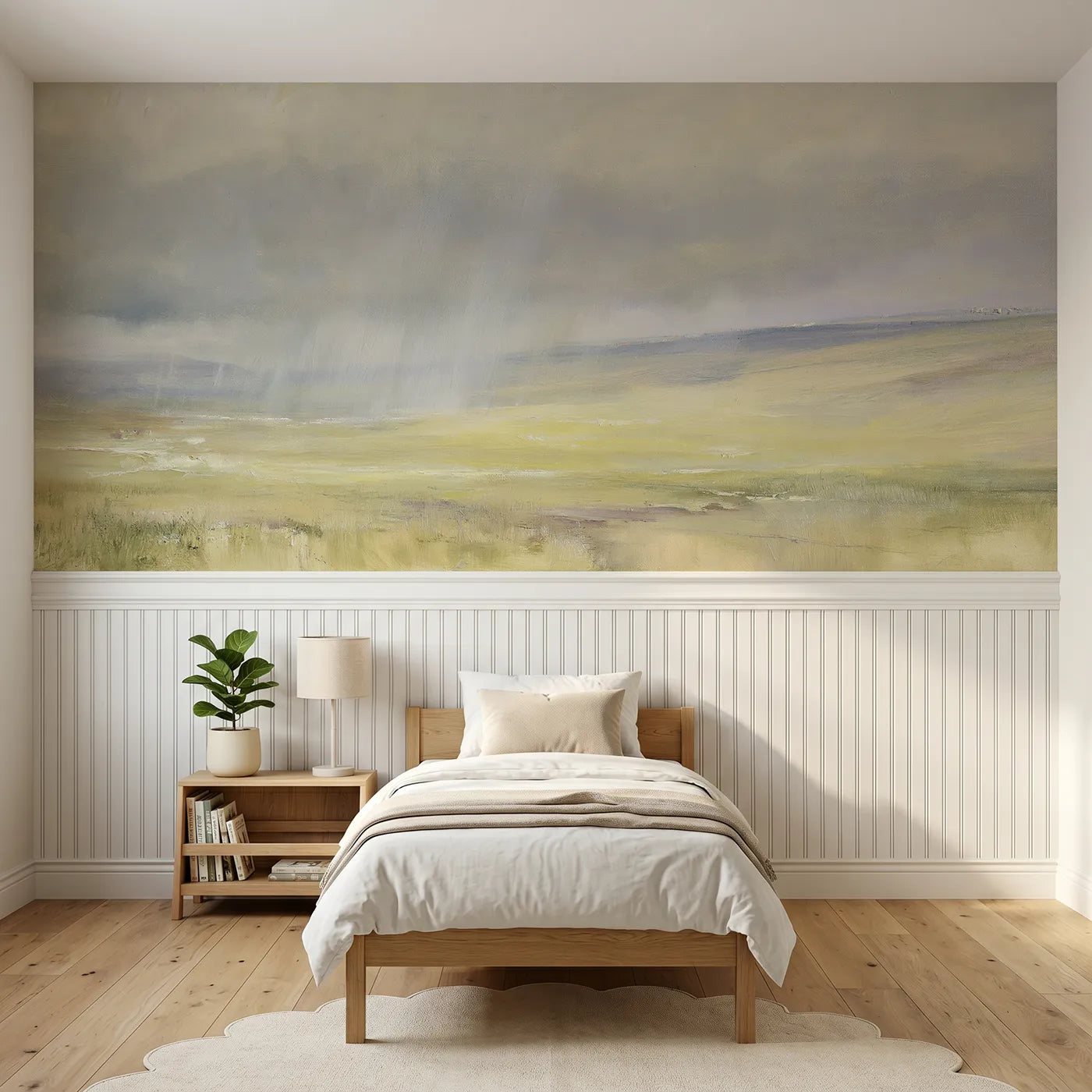 Watercolor wainscoting wallpaper of rain walking the meadow by Whimsy Tots