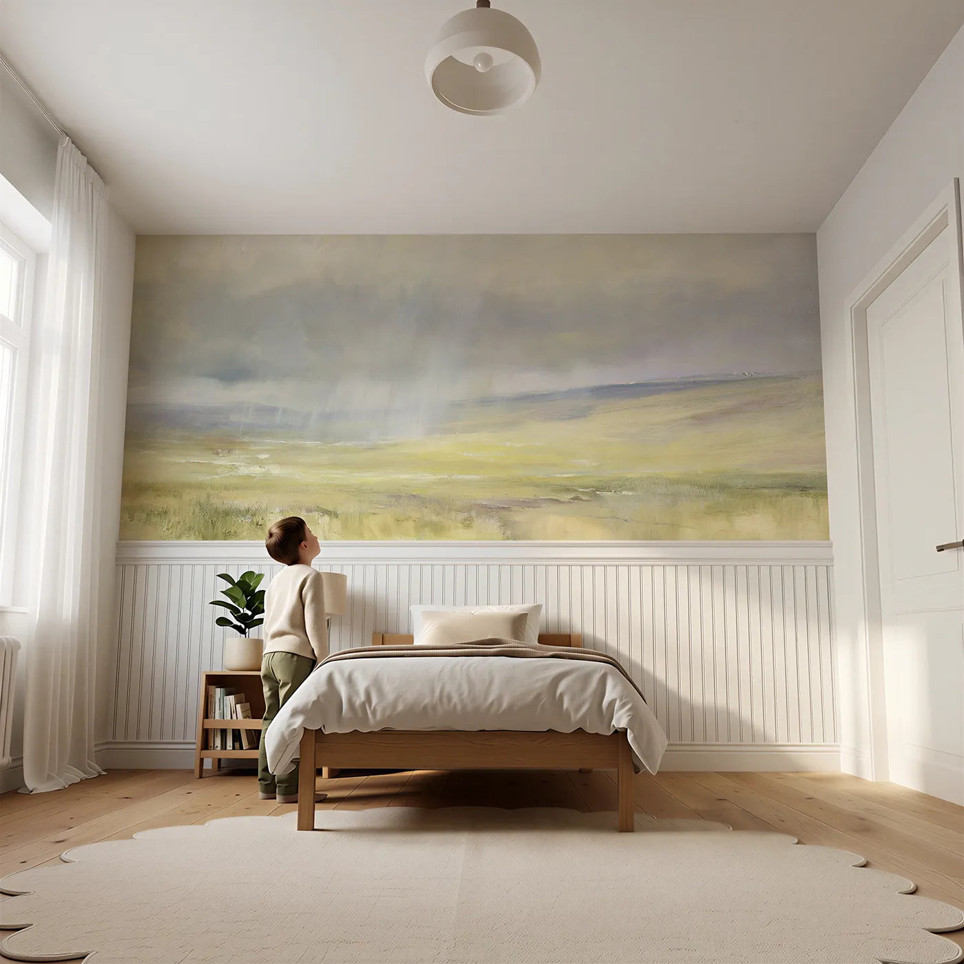 Child reading near Rain Walking The Meadow Wainscoting Wallpaper by Whimsy Tots