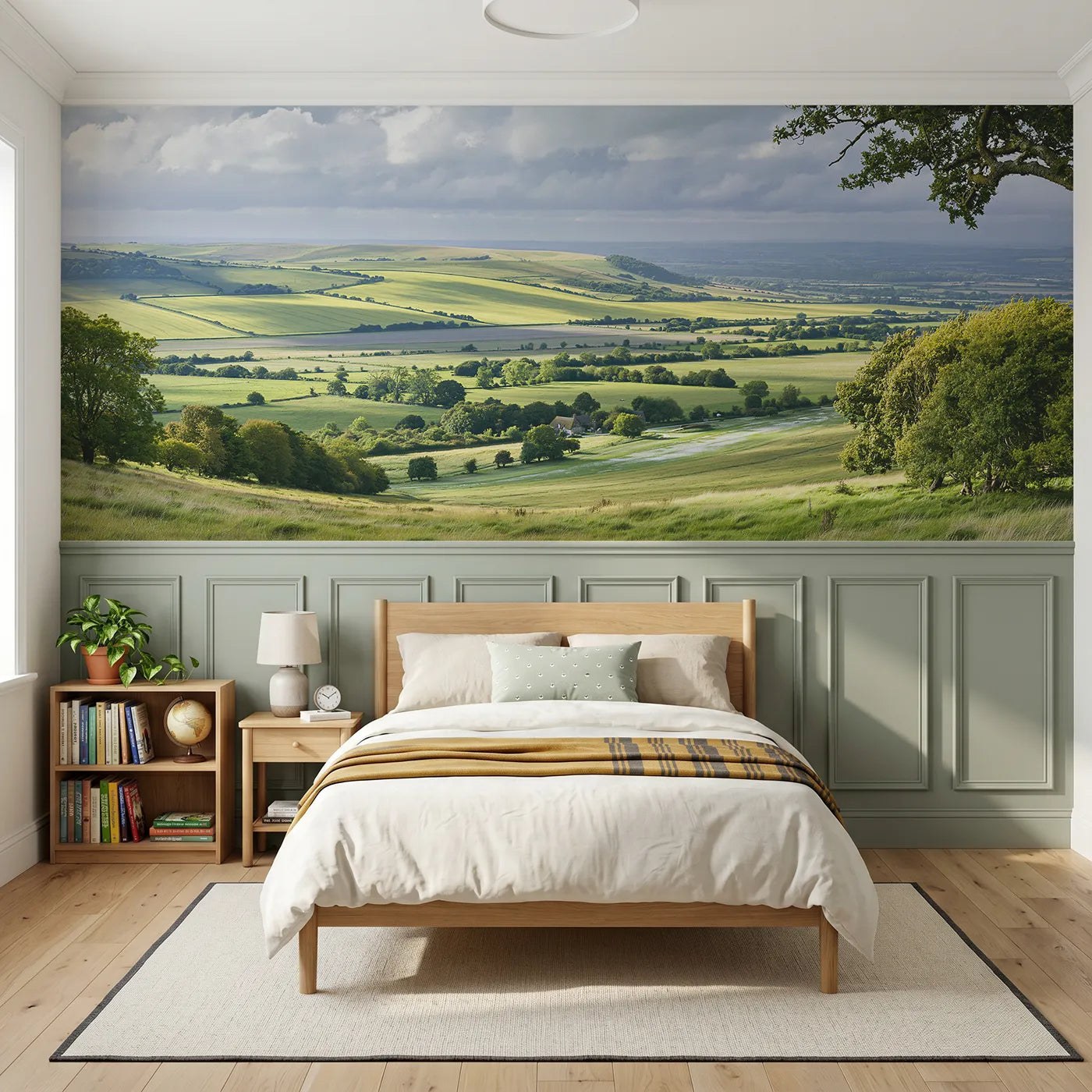 Watercolor wainscoting wallpaper of cloud shadows sailing over by Whimsy Tots