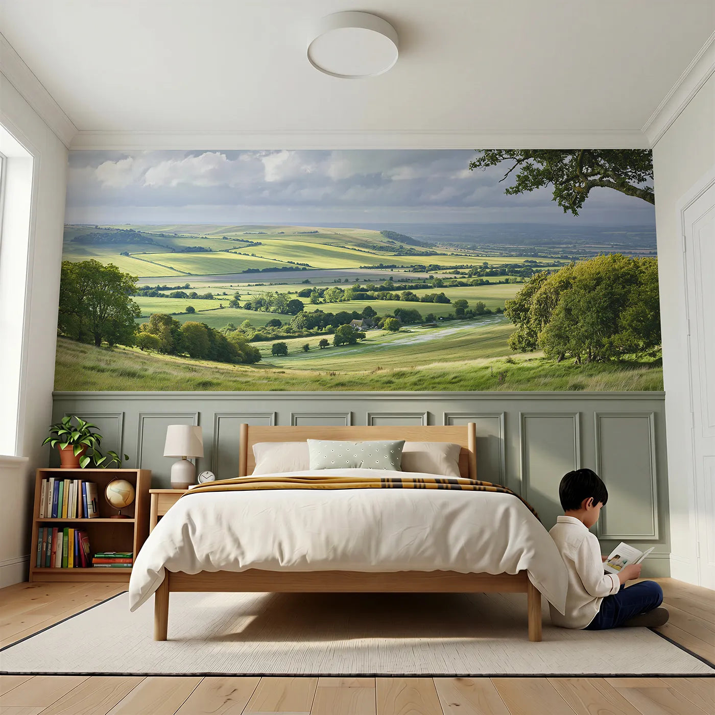 Child reading near Cloud Shadows Sailing Over Wainscoting Wallpaper by Whimsy Tots