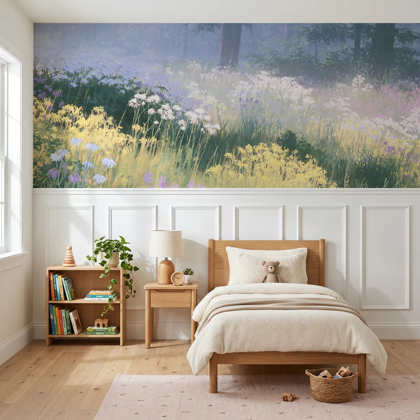 Soft pastel wainscoting wallpaper of the meadow breathing by Whimsy Tots