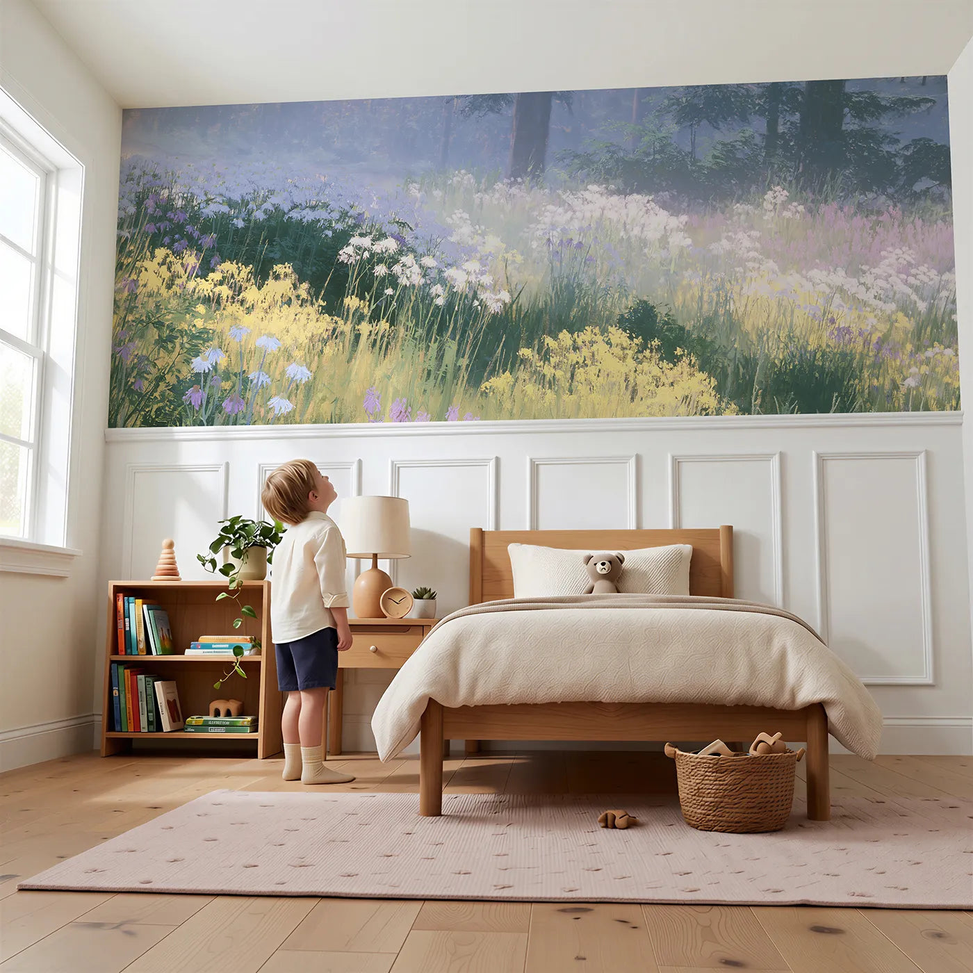 Child reading near The Meadow Breathing Wainscoting Wallpaper by Whimsy Tots