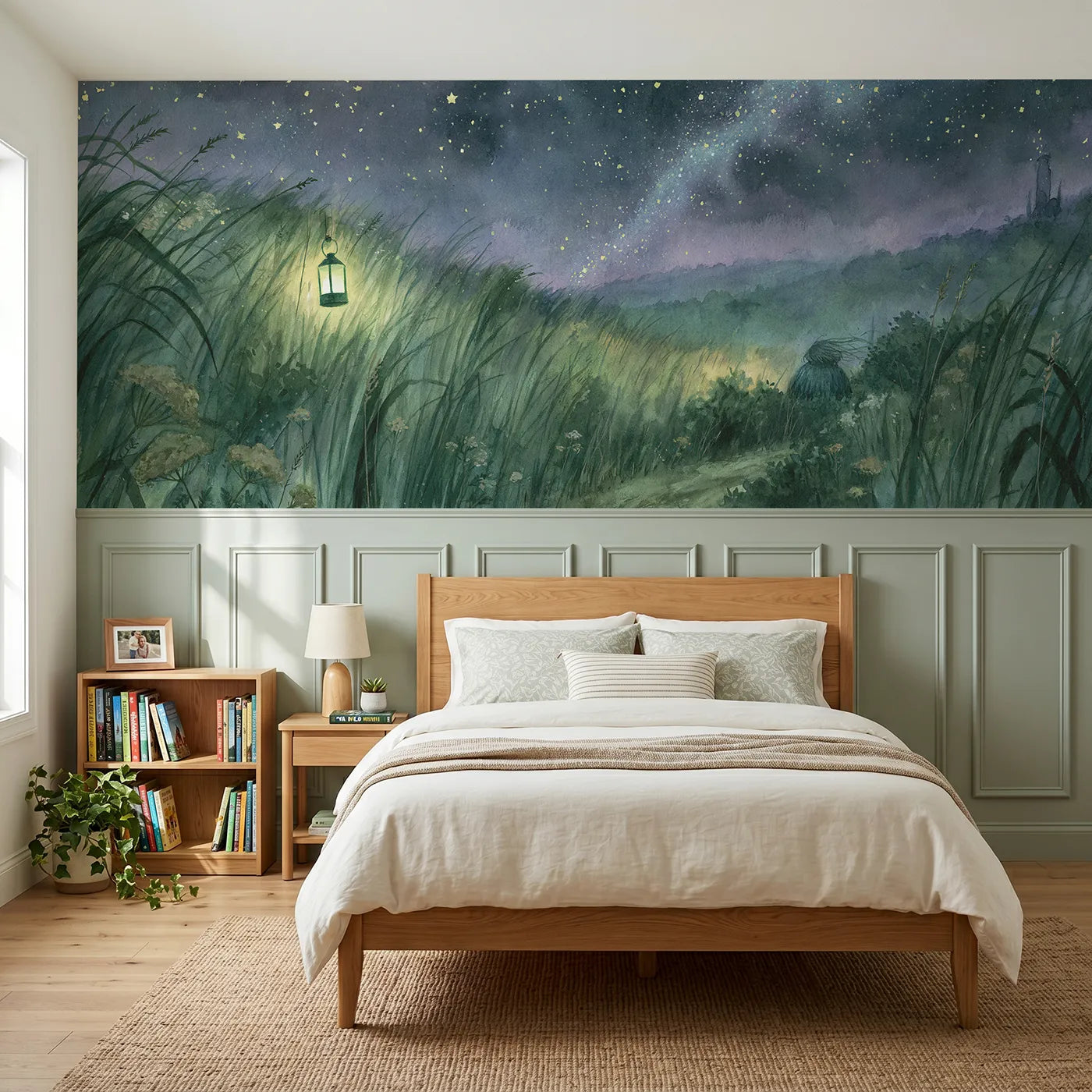 Storybook wainscoting wallpaper of the glow worms green lamp by Whimsy Tots