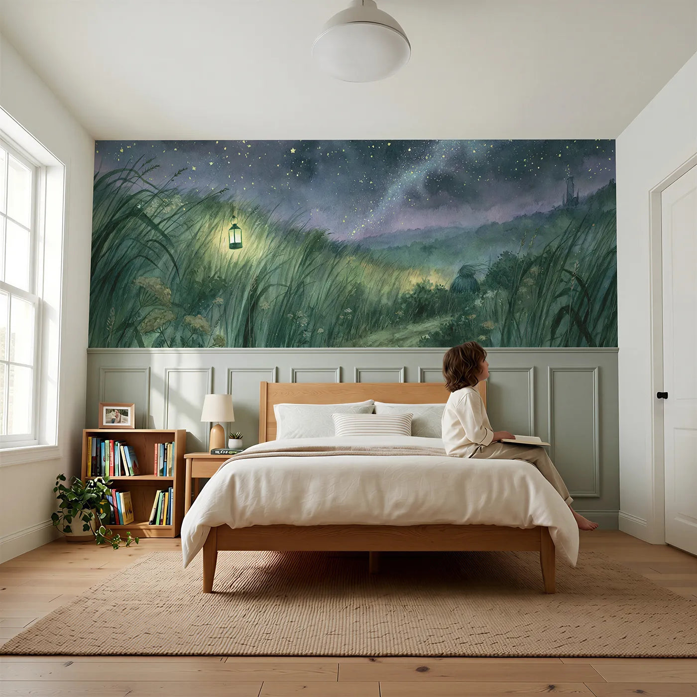Child reading near The Glow Worms Green Lamp Wainscoting Wallpaper by Whimsy Tots