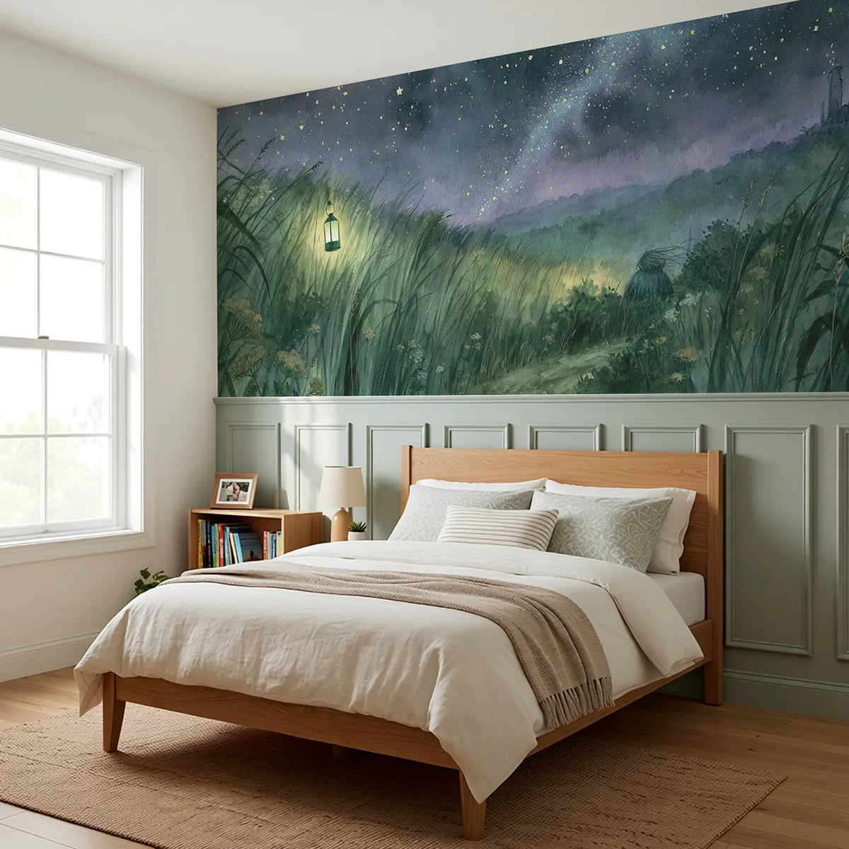 The Glow Worms Green Lamp Wainscoting Wallpaper styled in a kids room by Whimsy Tots