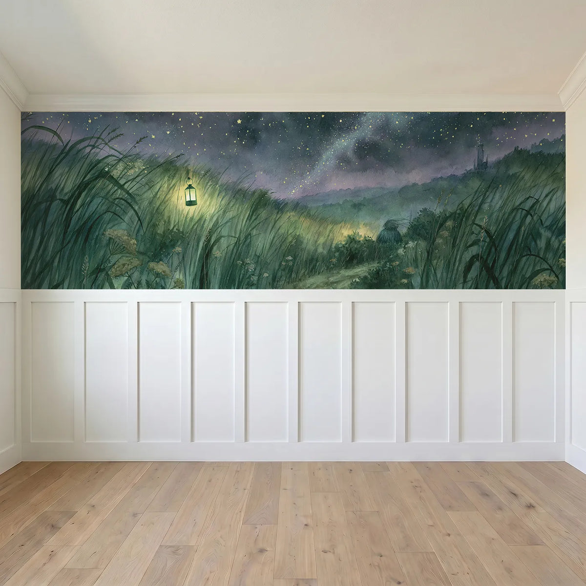 Full panel view of The Glow Worms Green Lamp Wainscoting Wallpaper by Whimsy Tots