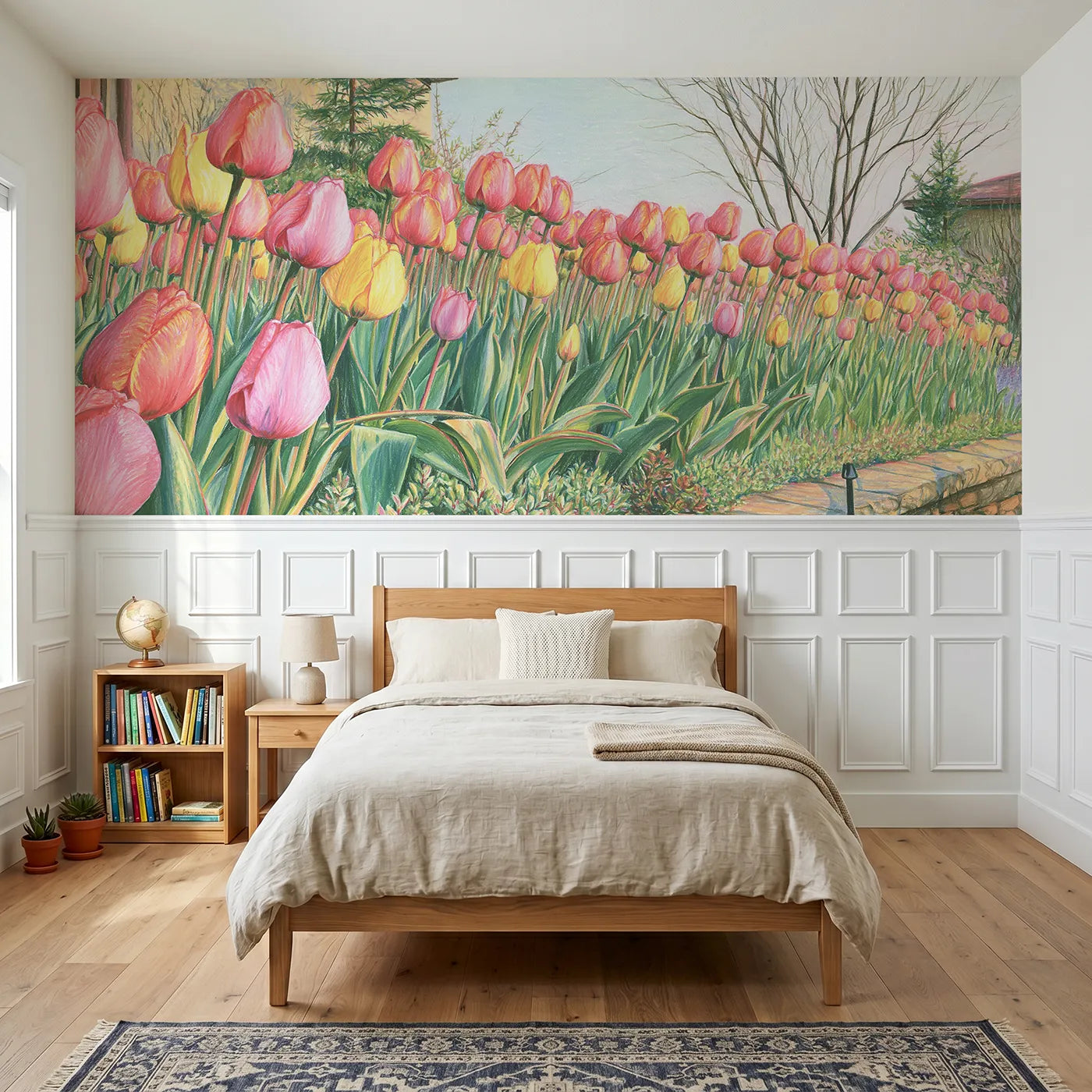 Colored pencil wainscoting wallpaper of a tulip border in spring by Whimsy Tots