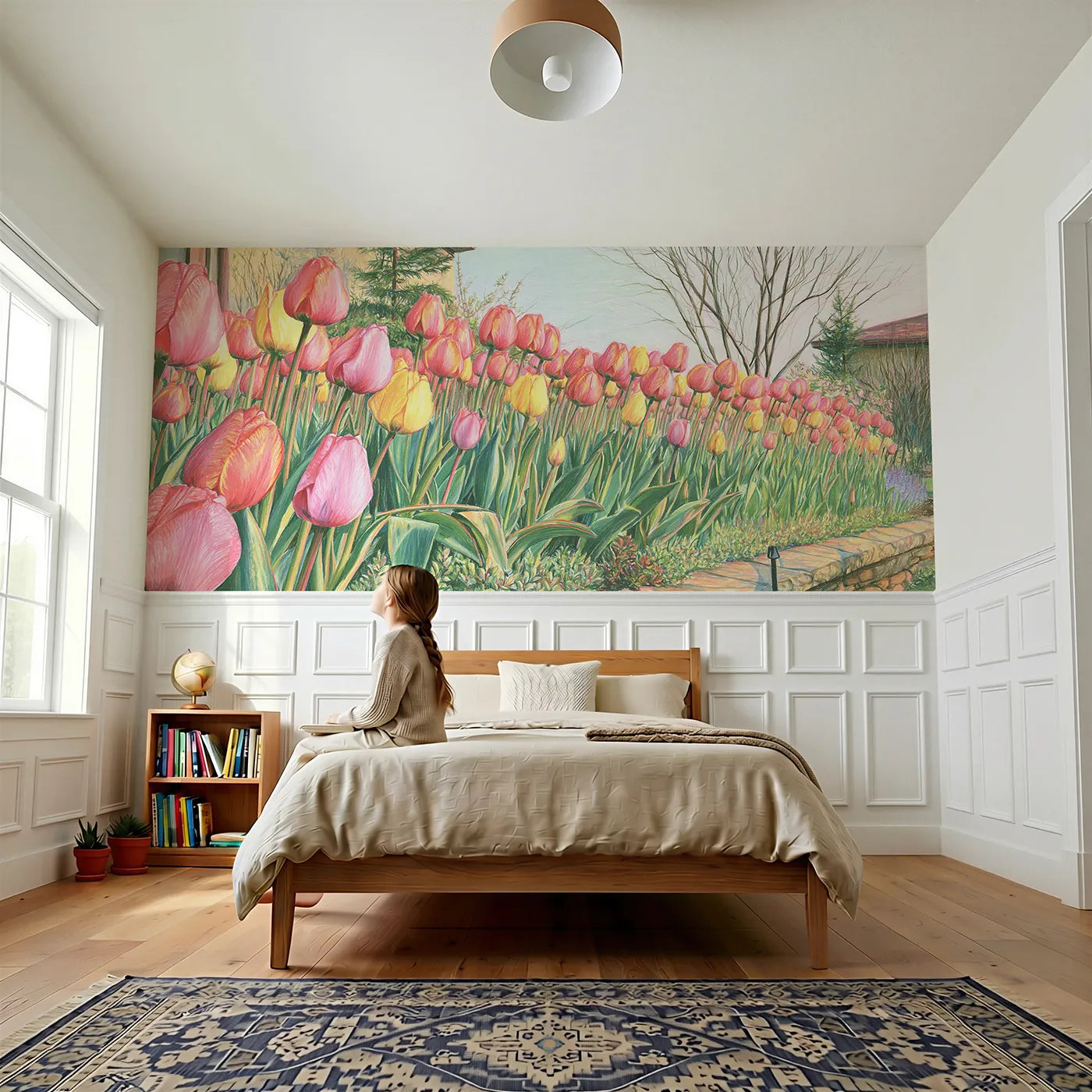 Child reading near Tulip Border In Spring Wainscoting Wallpaper by Whimsy Tots