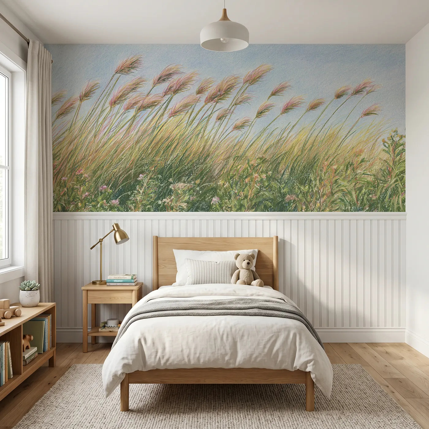 Colored pencil wainscoting wallpaper of meadow grasses in the breeze by Whimsy Tots