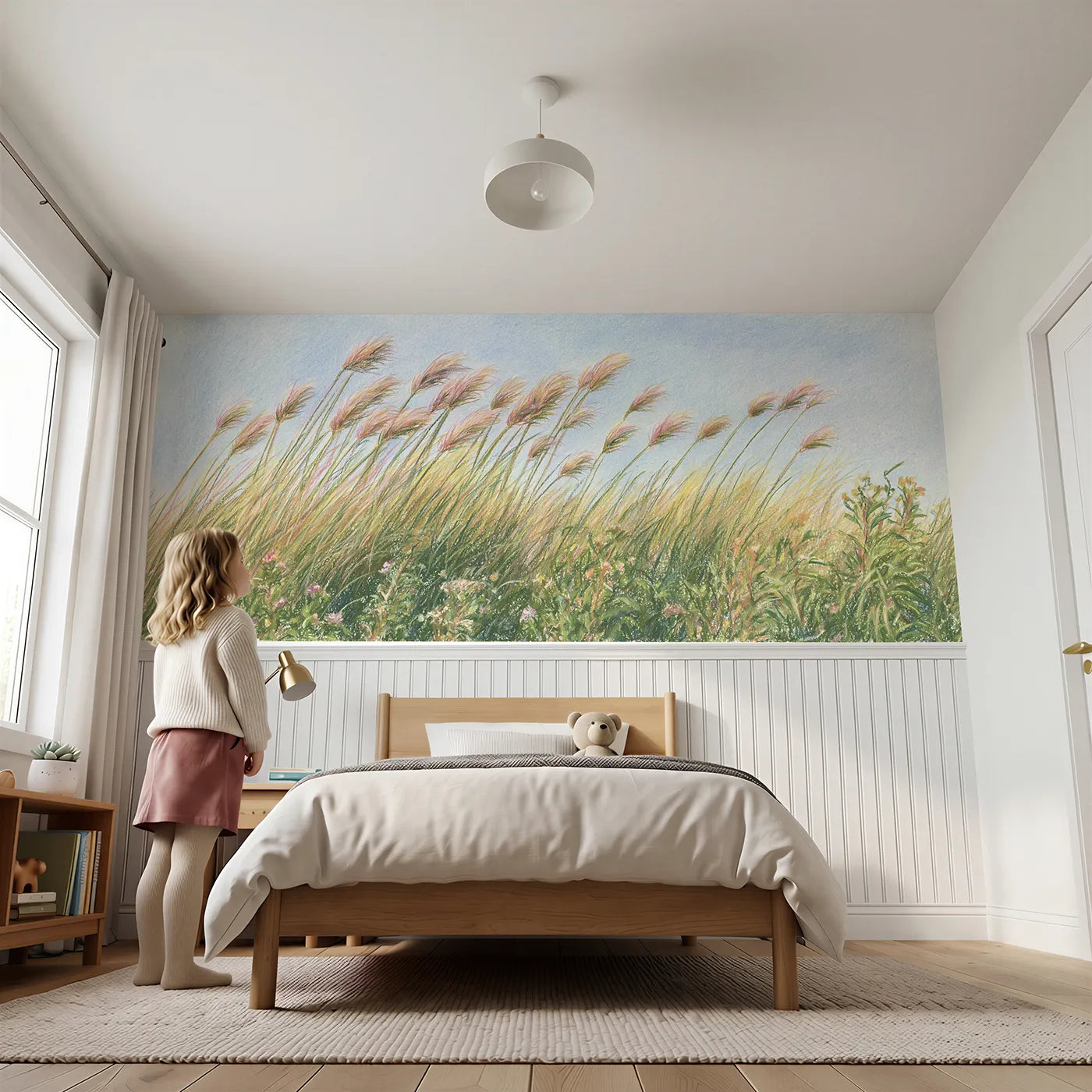 Child reading near Meadow Grasses In The Breeze Wainscoting Wallpaper by Whimsy Tots